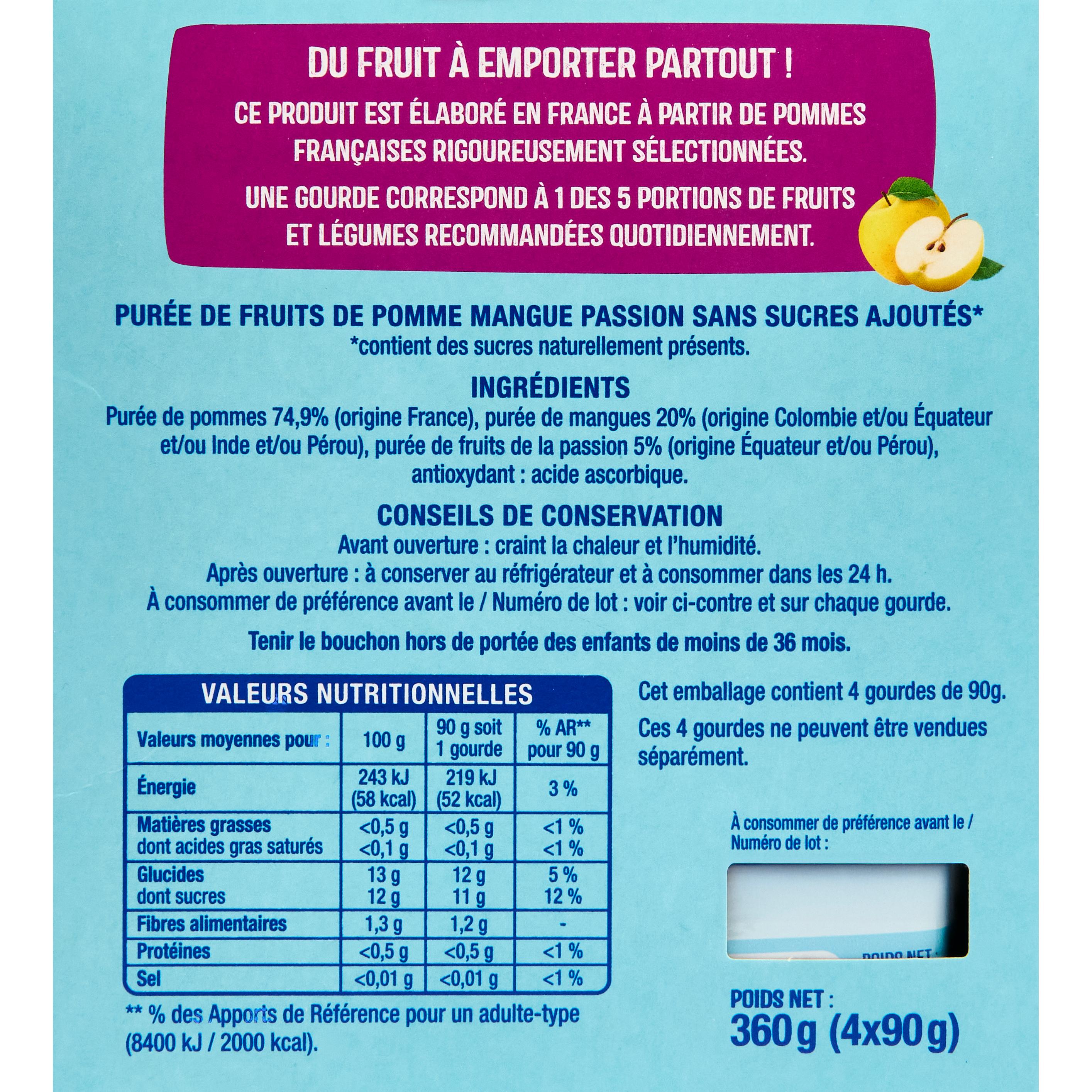 Voir la diapositive 2 : AUCHAN Gourdes compote de pomme mangue passion sans sucres ajoutés 4x90g
