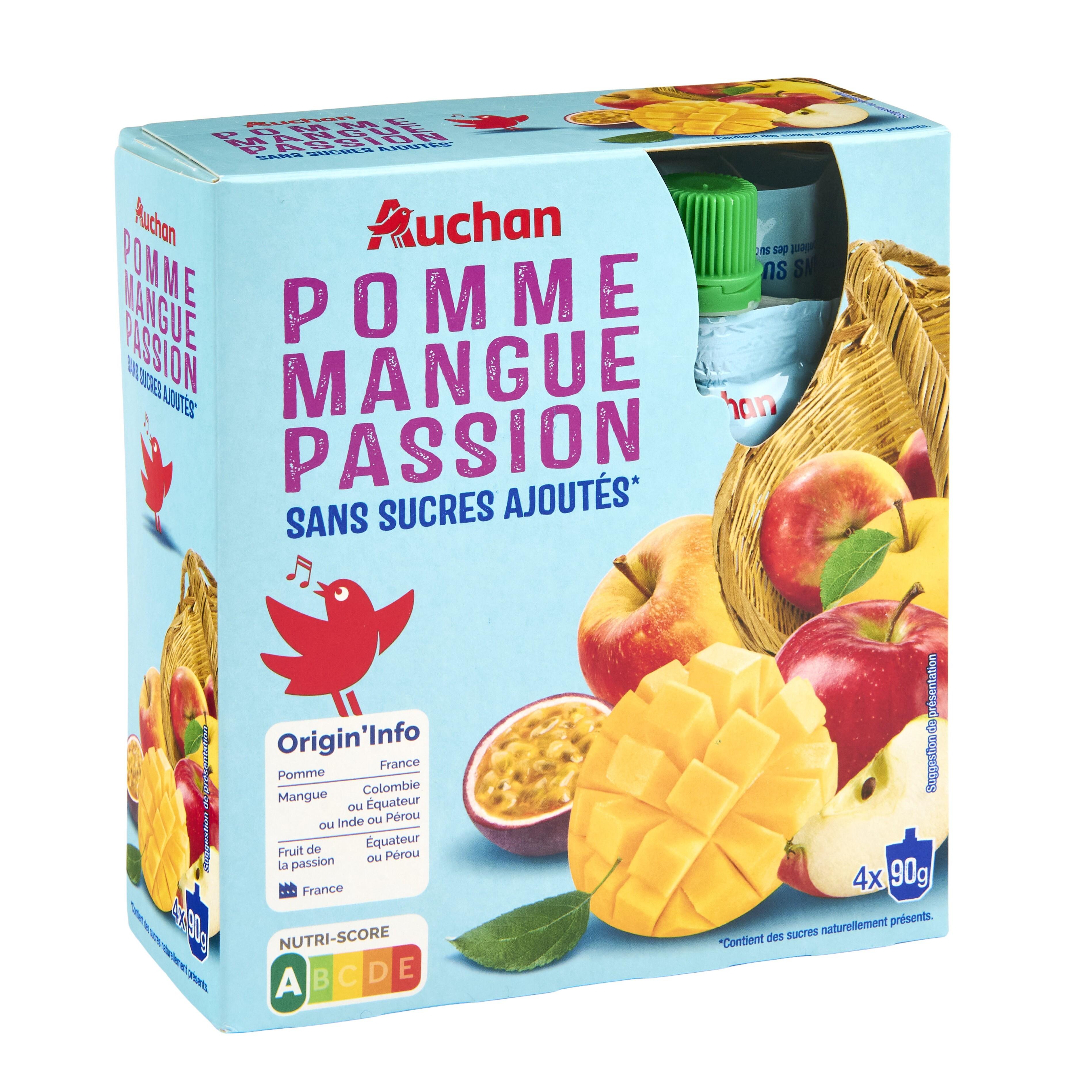 Voir la diapositive 3 : AUCHAN Gourdes compote de pomme mangue passion sans sucres ajoutés 4x90g