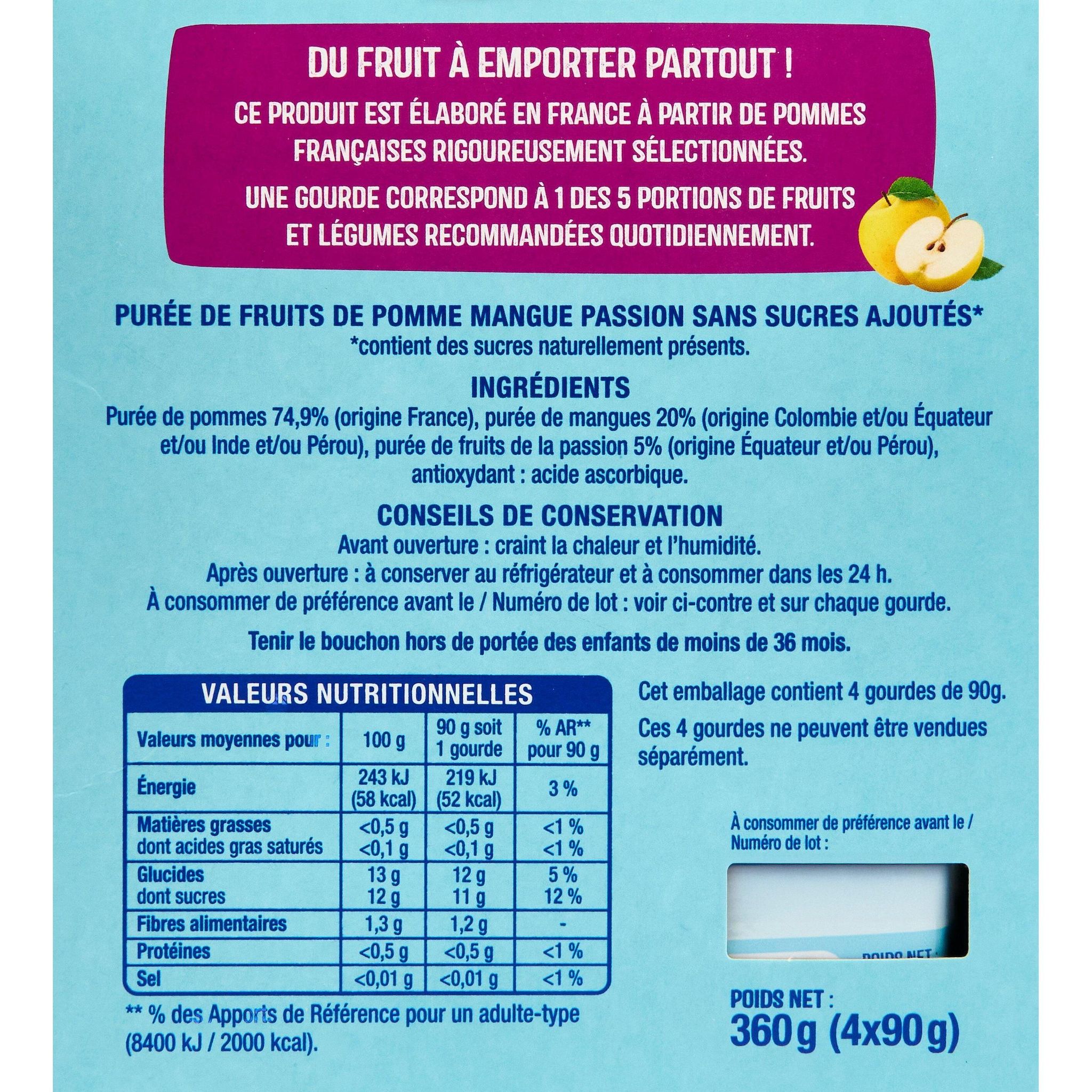 Voir la diapositive 3 : AUCHAN Gourdes compote de pomme mangue passion sans sucres ajoutés 4x90g