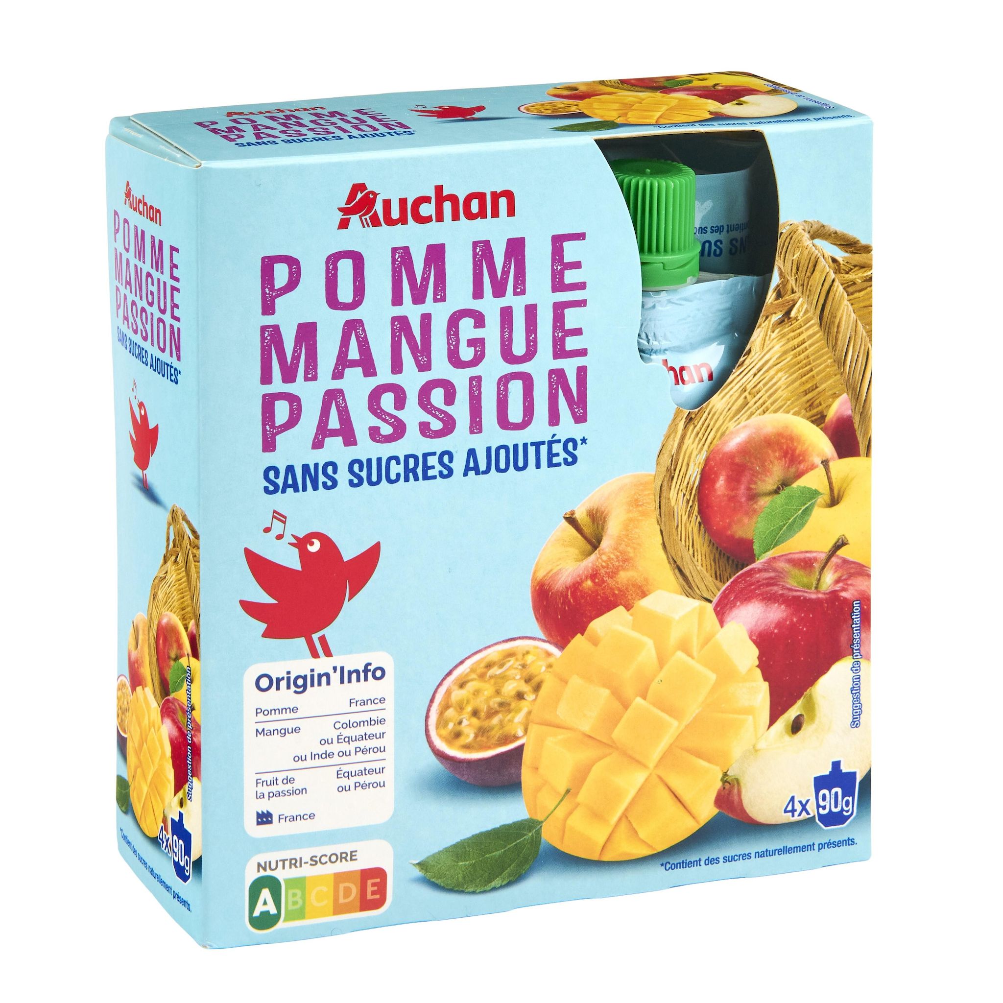 Voir la diapositive 4 : AUCHAN Gourdes compote de pomme mangue passion sans sucres ajoutés 4x90g