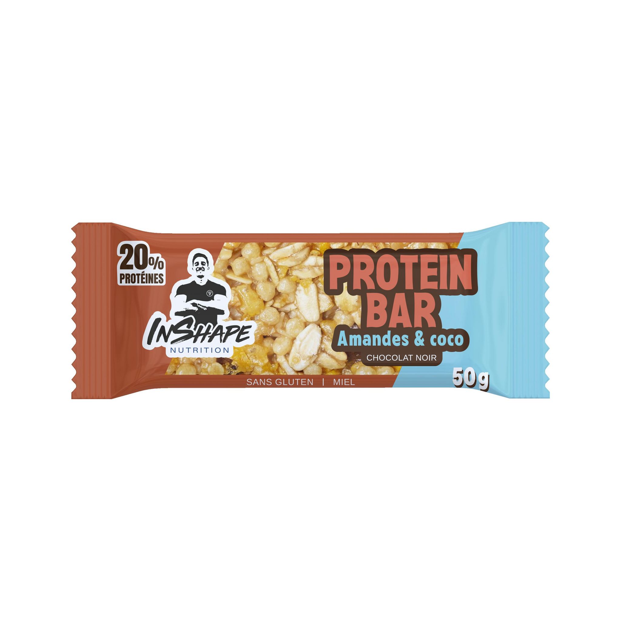 INSHAPE NUTRITION Barre protéinée aux amandes et noix de coco enrobée de chocolat noir 50g