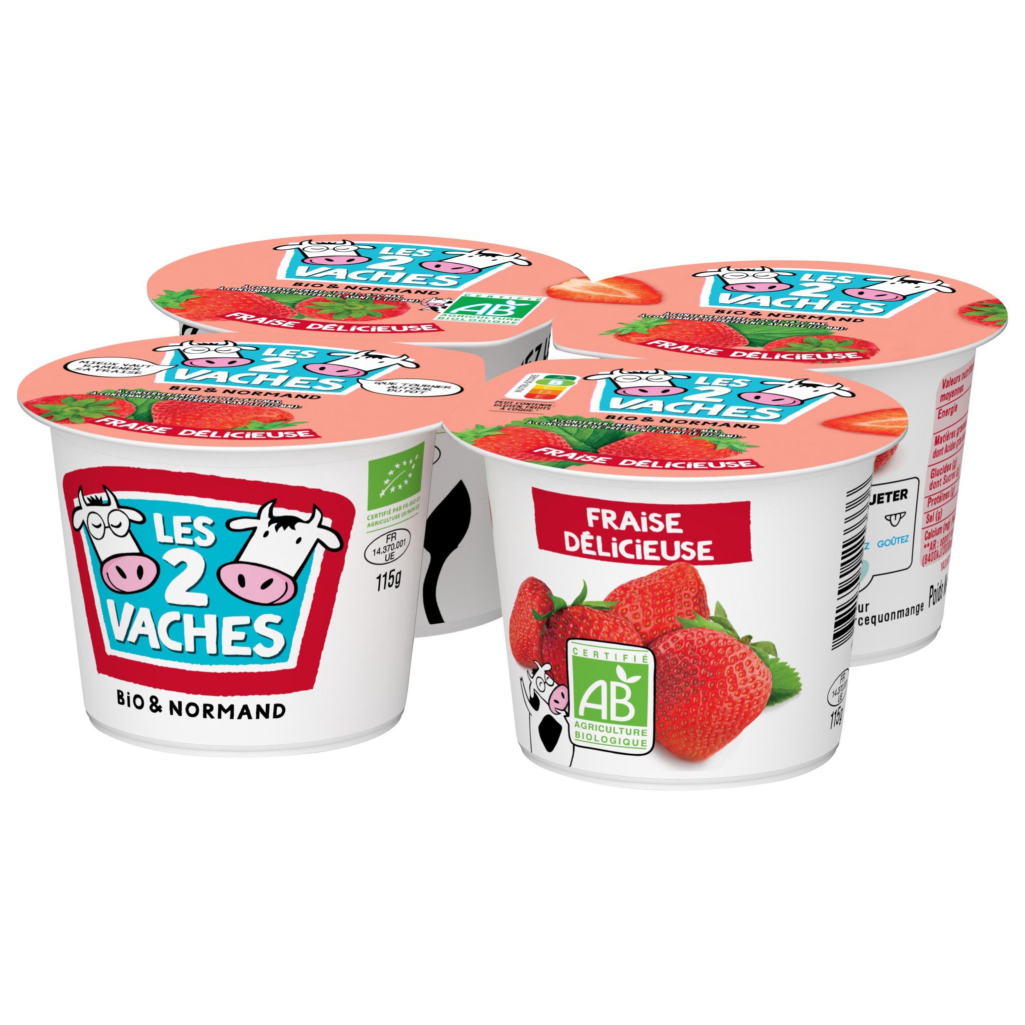 Voir la diapositive 2 : LES 2 VACHES Yaourt brassé à la fraise bio 4x115g