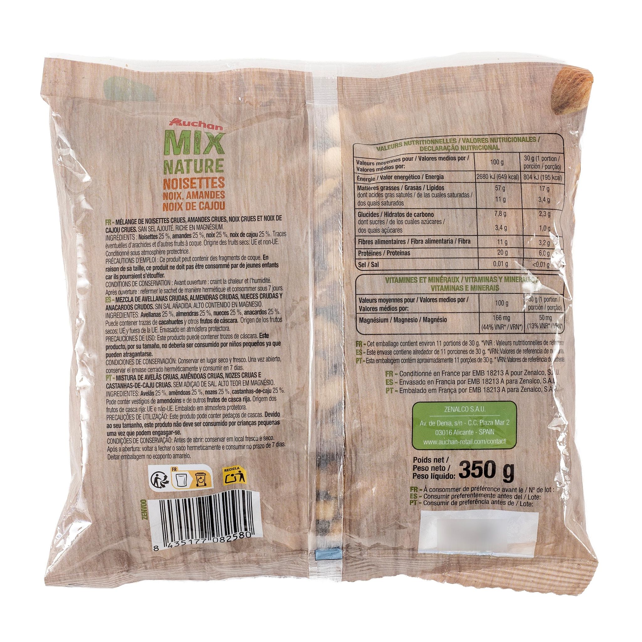 Voir la diapositive 2 : AUCHAN Mix nature noisettes noix amandes noix de cajou 350g