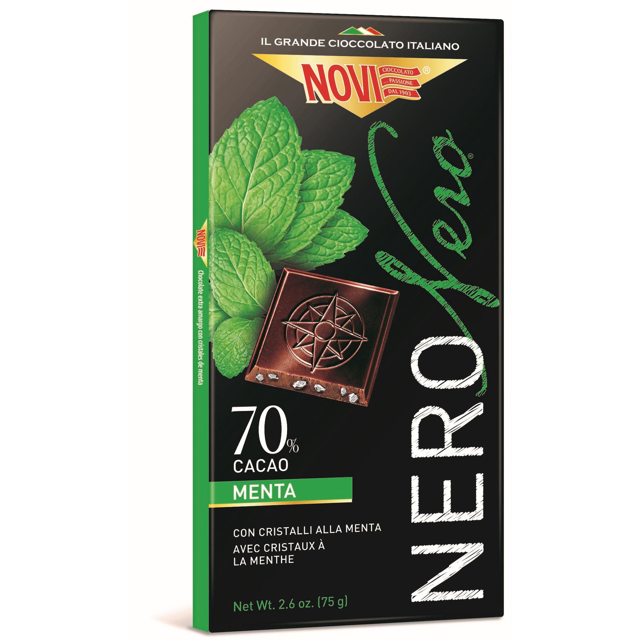 NOVI Tablette de chocolat extra noir avec cristaux à la menthe 70% cacao 75g
