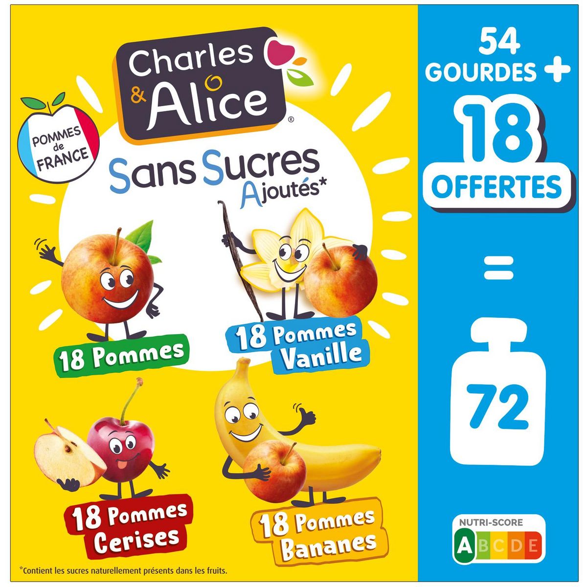 CHARLES & ALICE Gourdes compotes pommes bananes cerises vanille ssa 54+18 offertes 72x90g