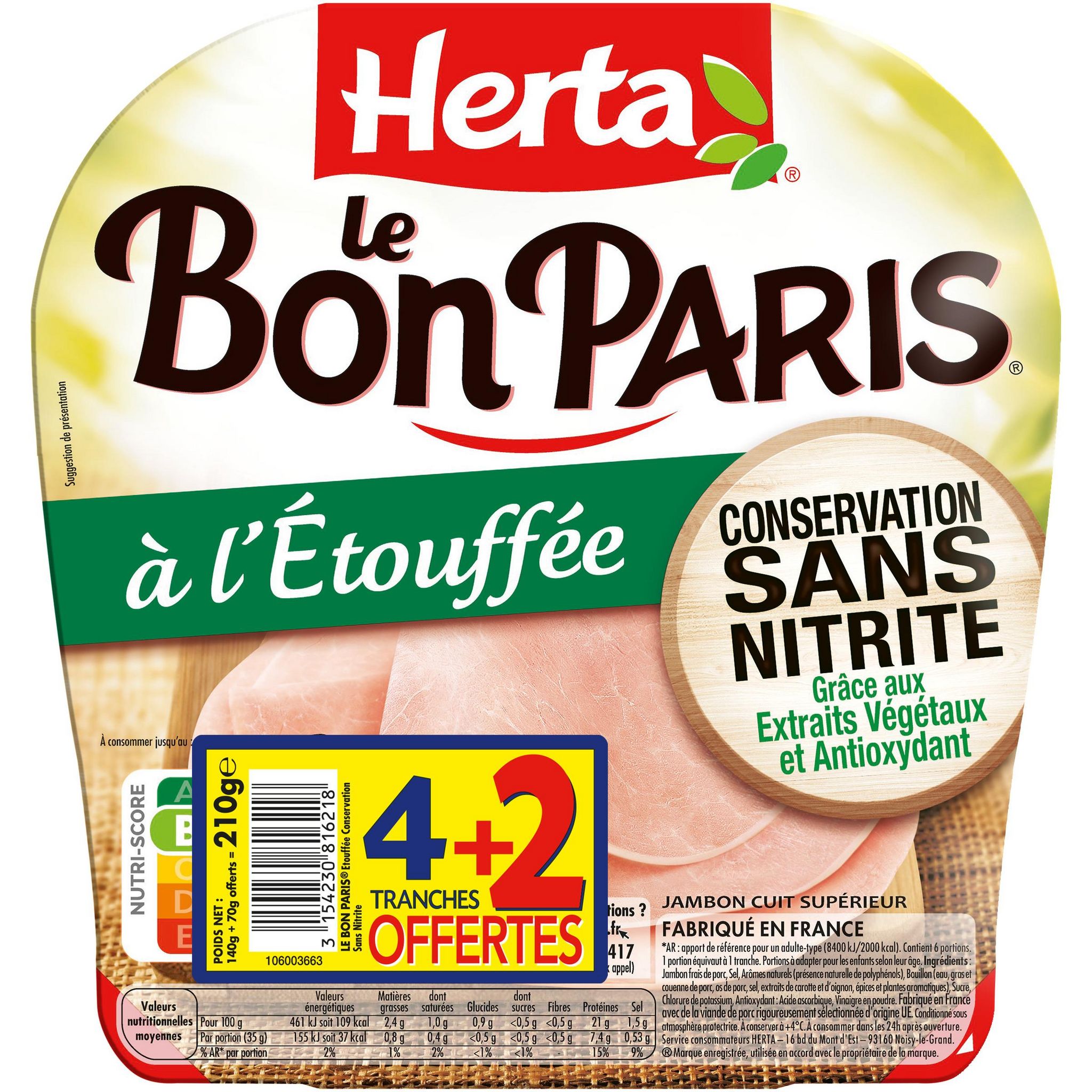 HERTA Le Bon Paris jambon cuit à l'étouffée sans nitrite 4 tranches + 2 offertes 210g