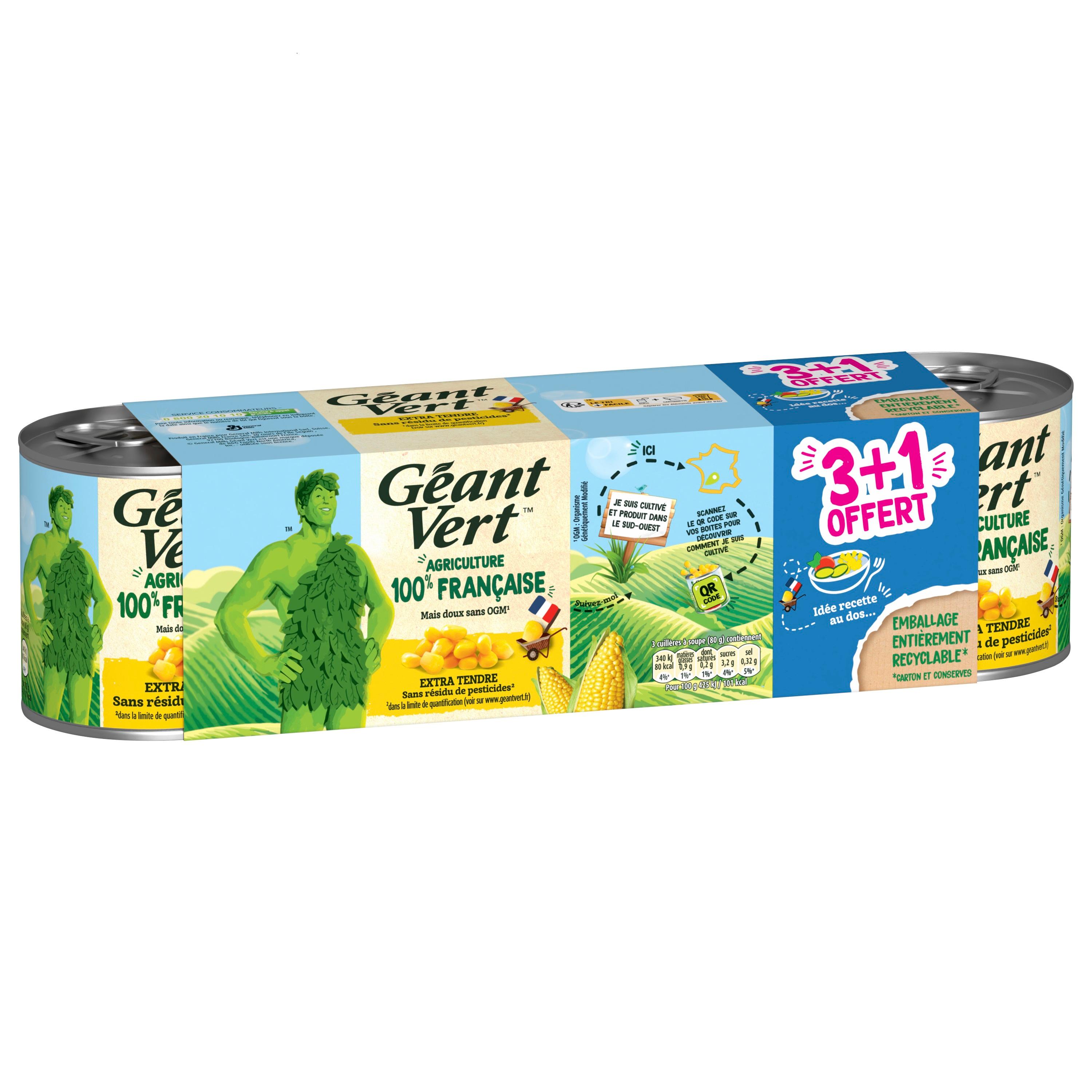 GEANT VERT Maïs doux extra tendre sans résidu de pesticides 3+1 offert 560g