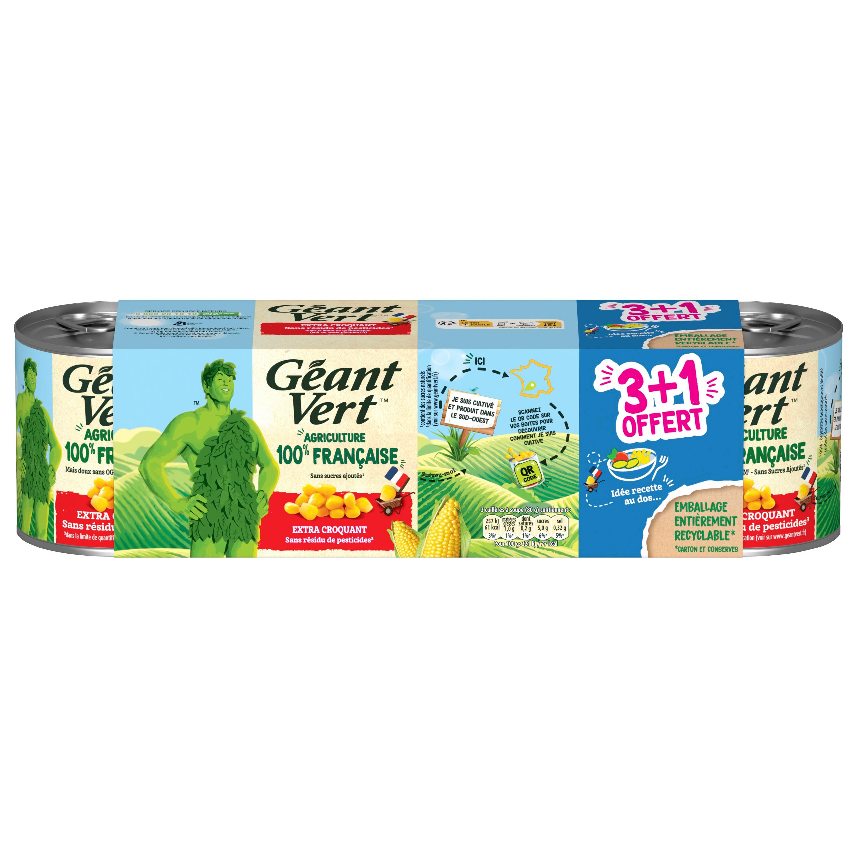 GEANT VERT Maïs doux extra croquant sans résidu de pesticides 3+1 offert 560g