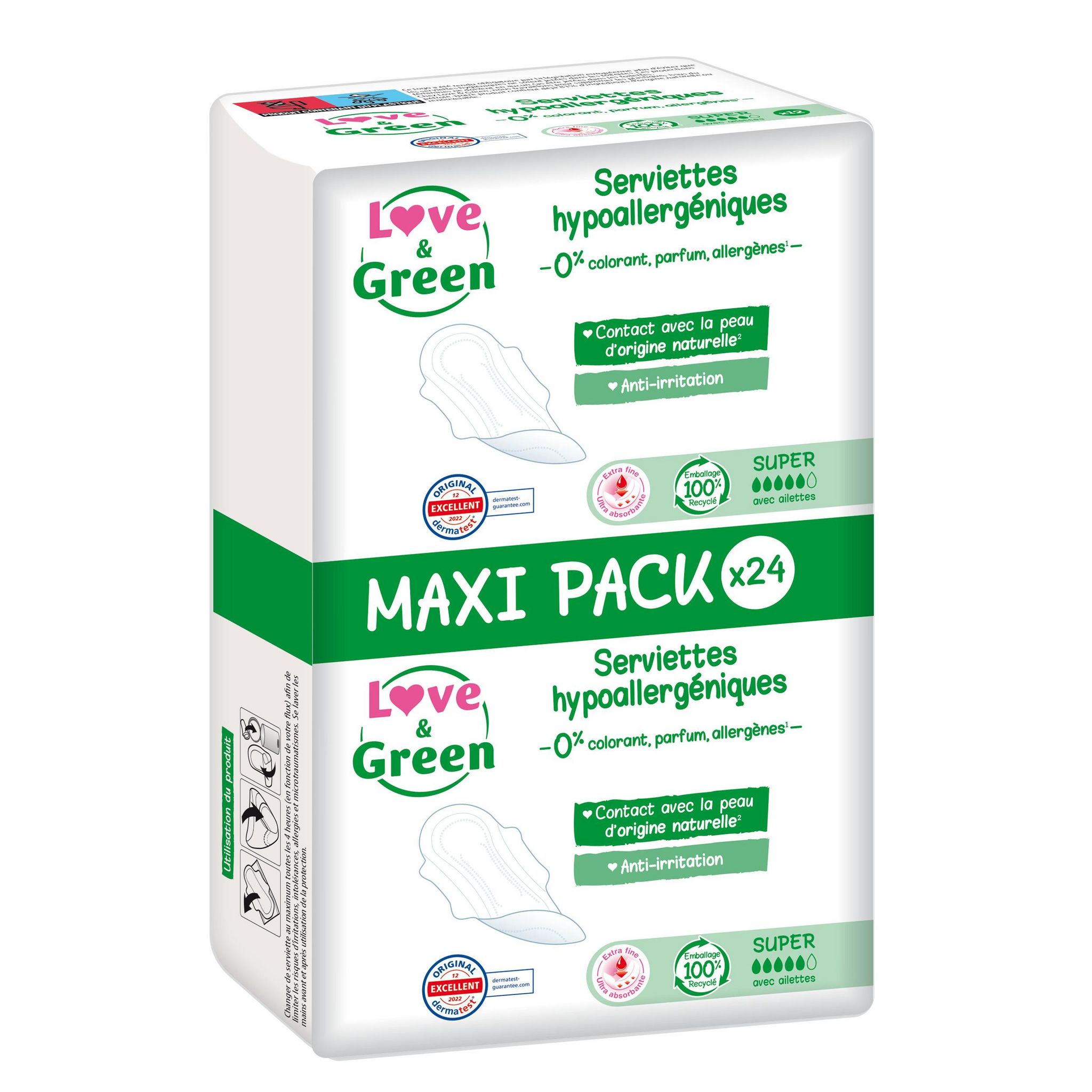 LOVE & GREEN Serviettes hygiéniques super avec ailettes 24 serviettes