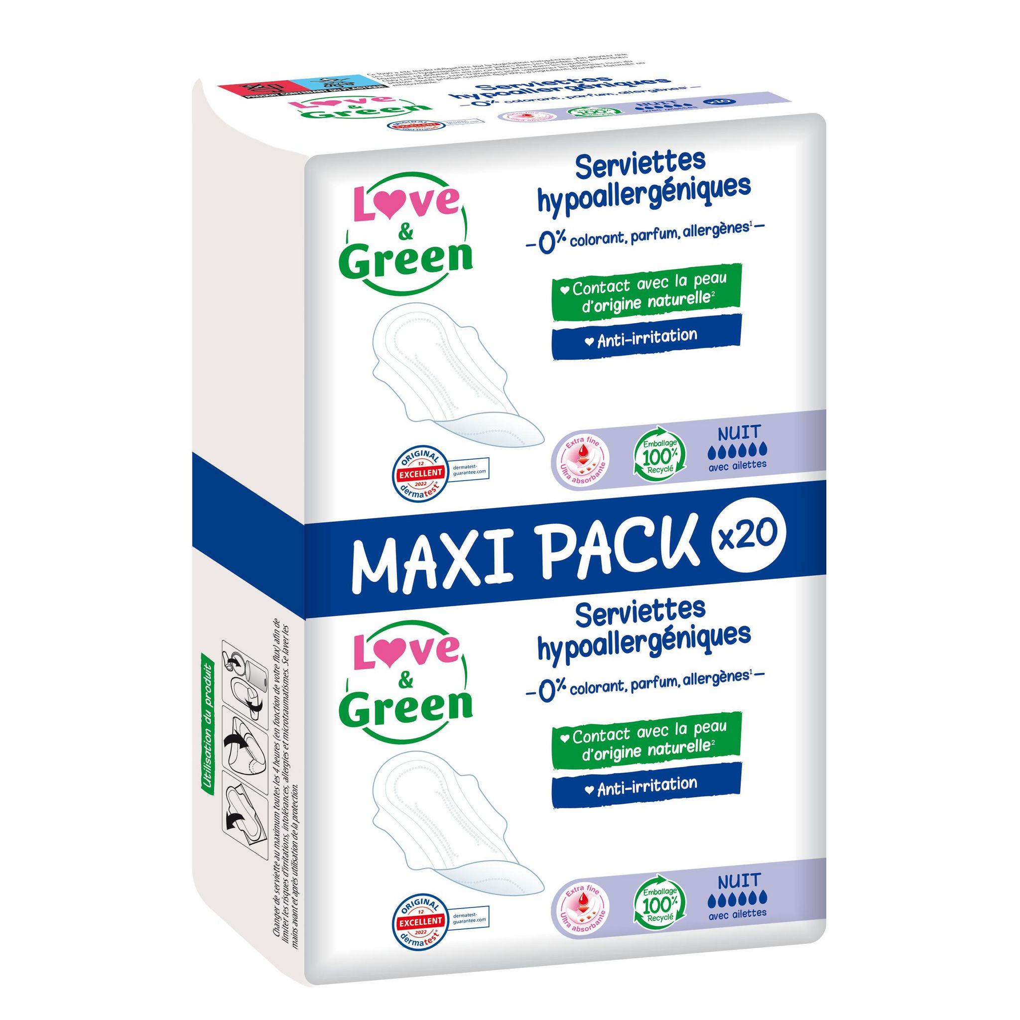 LOVE & GREEN Serviettes hygiéniques hypoallergéniques nuit avec ailettes 20 serviettes