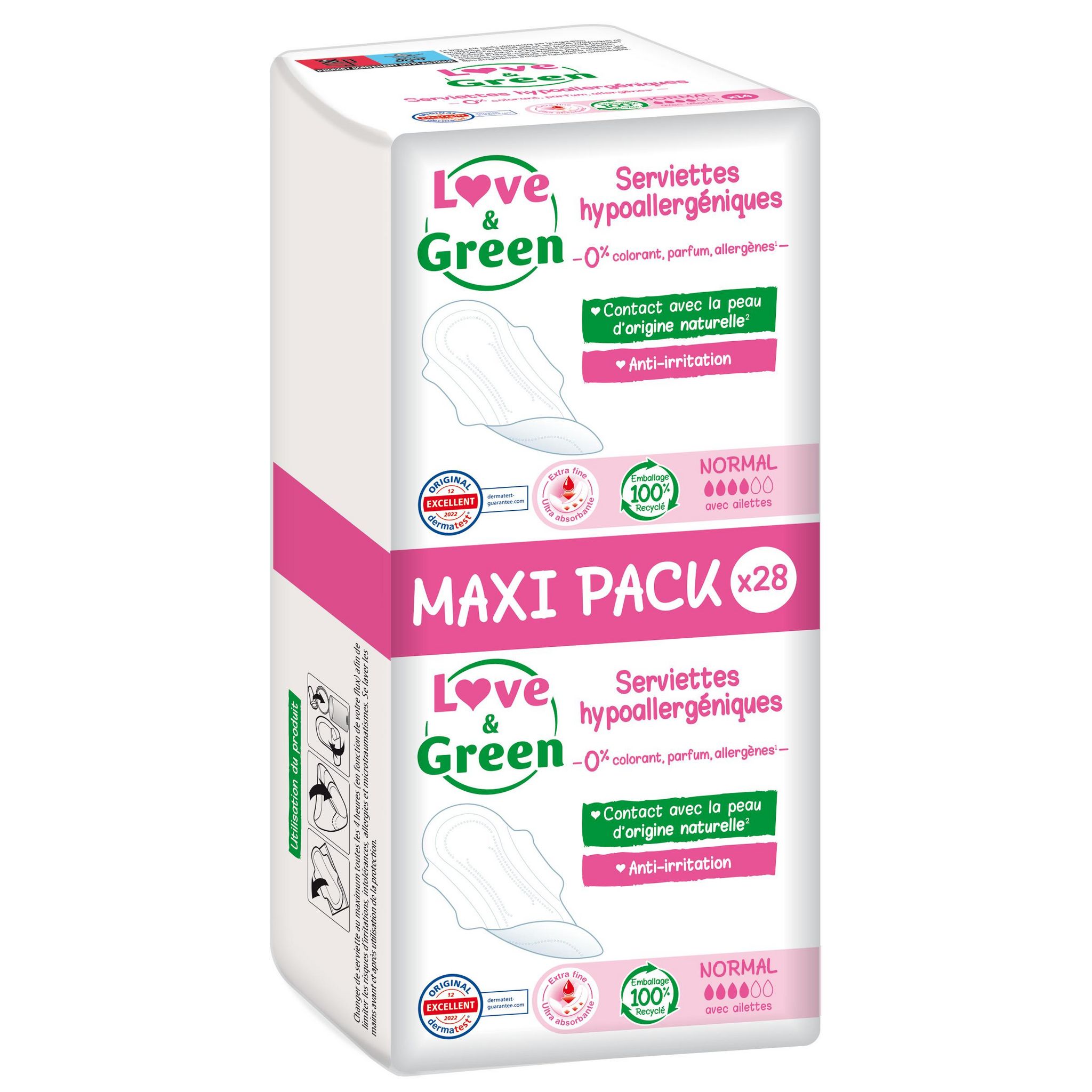 LOVE & GREEN Serviettes hygiéniques hypoallergéniques normal avec ailettes 28 serviettes