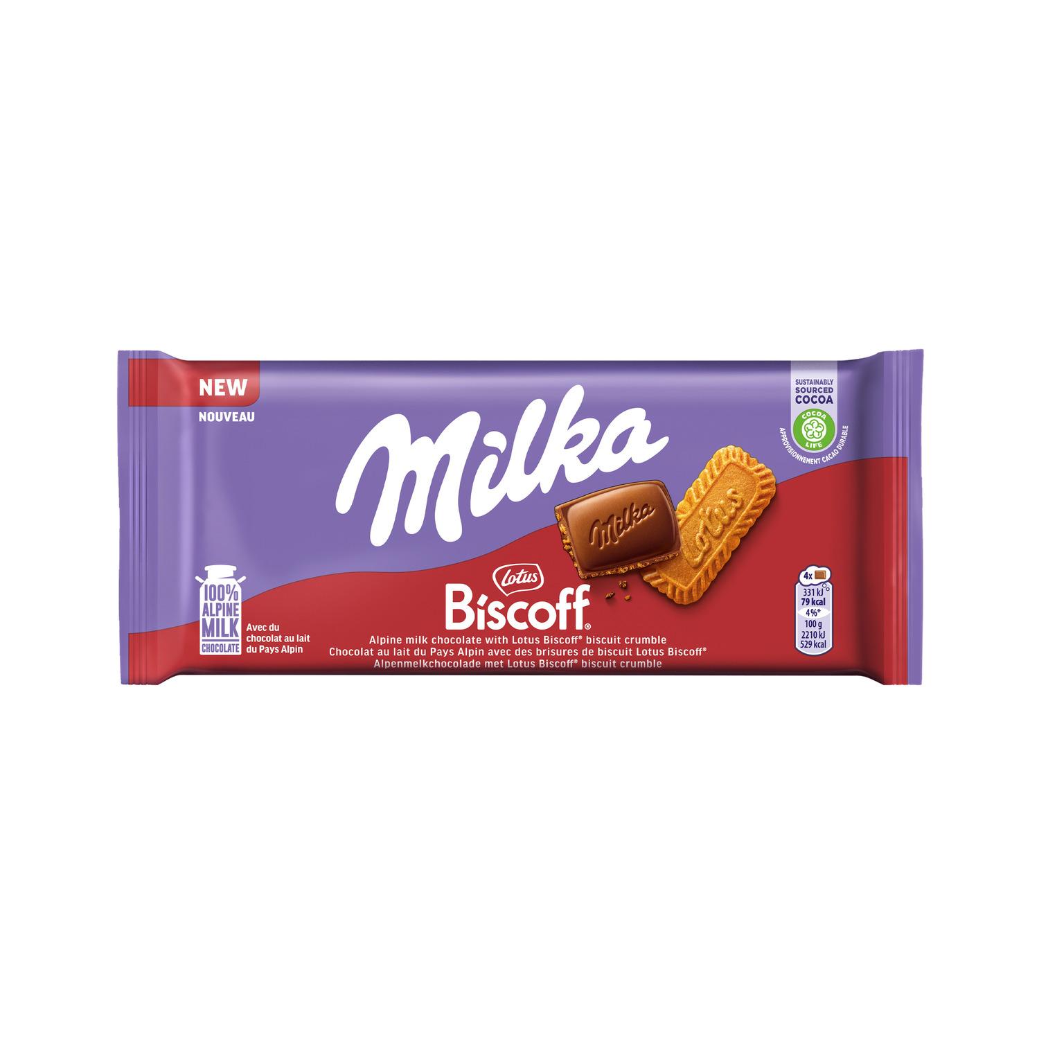 Voir la diapositive 2 : MILKA Tablette de chocolat au lait avec biscuits Biscoff 90g