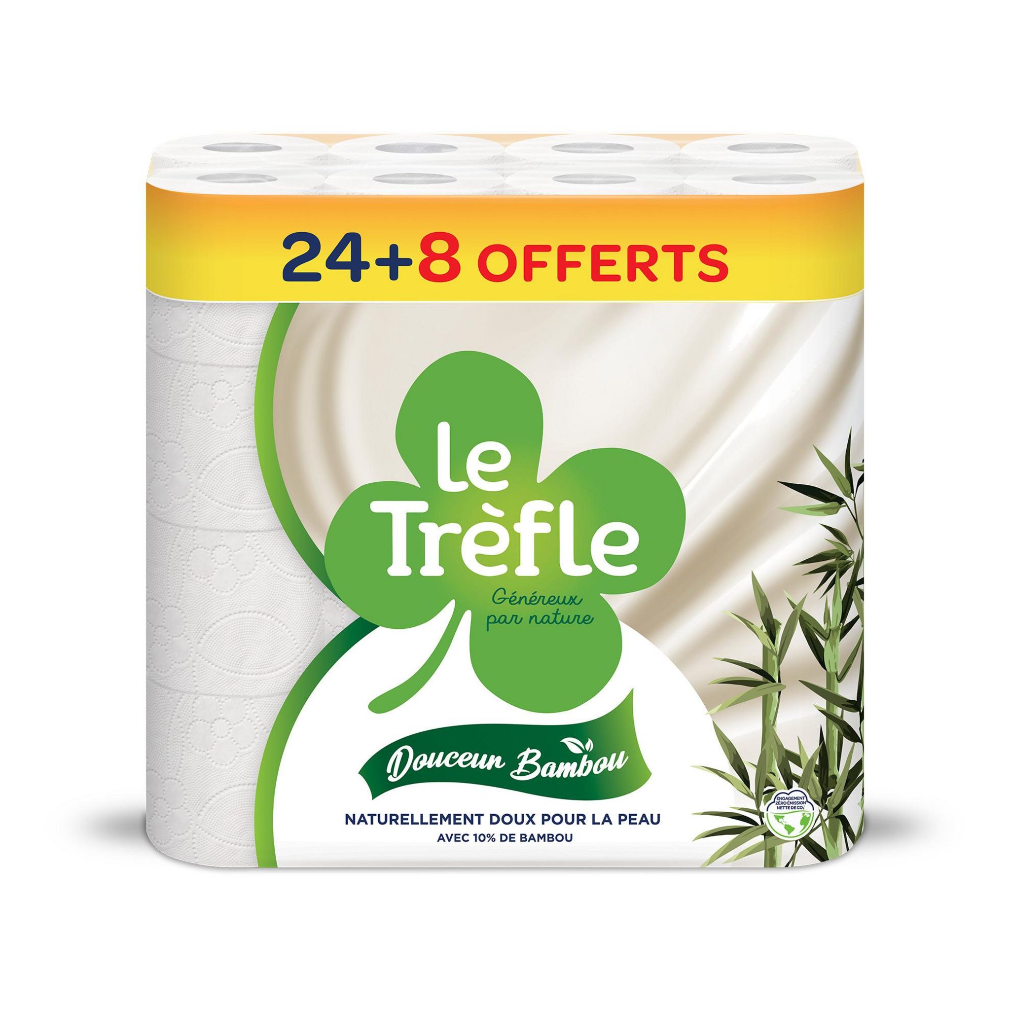 LE TRÈFLE Papier toilette bambou FSC blanc 2 épaisseurs 32 rouleaux format promo