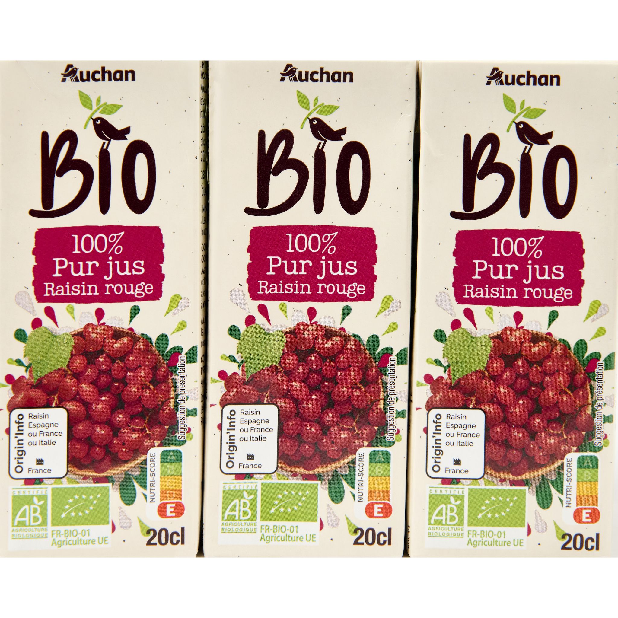 AUCHAN BIO Pur jus de raisin briquette 6x20cl