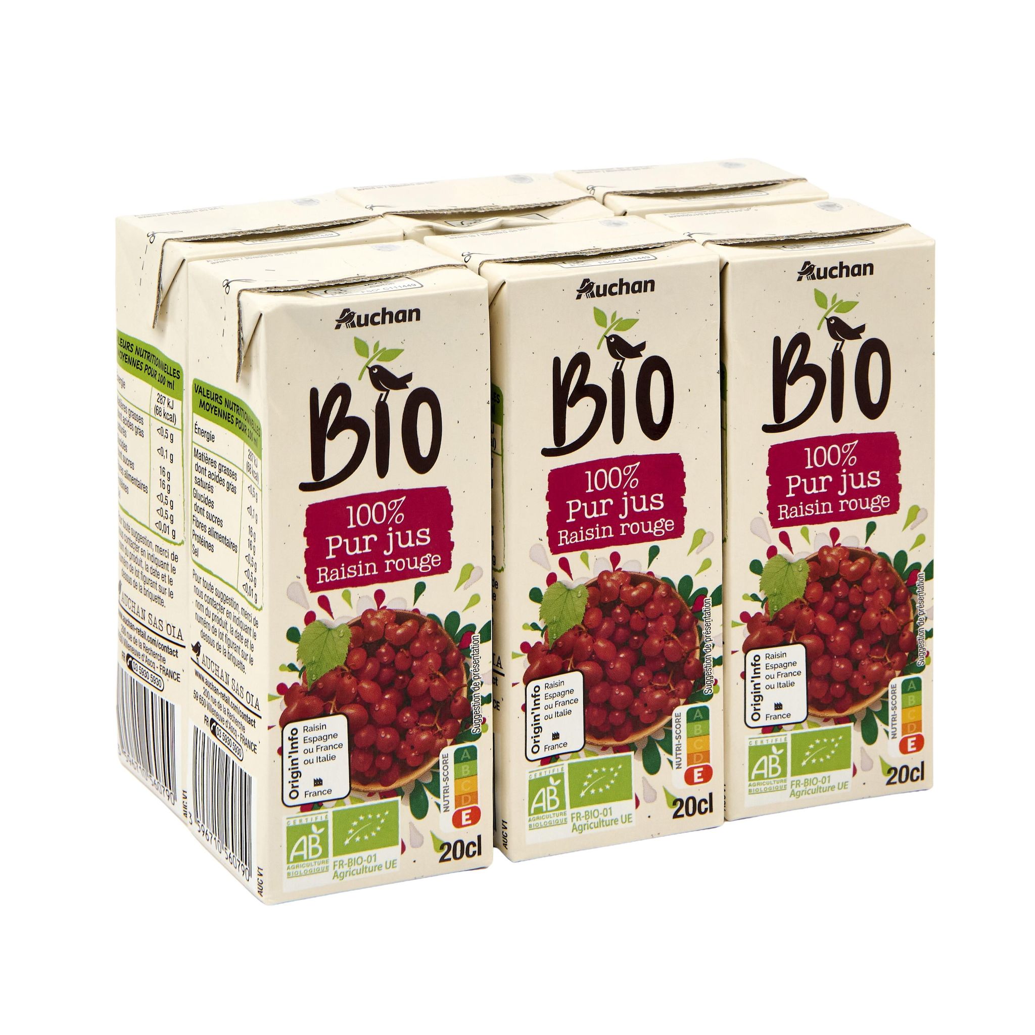 Voir la diapositive 2 : AUCHAN BIO Pur jus de raisin briquette 6x20cl