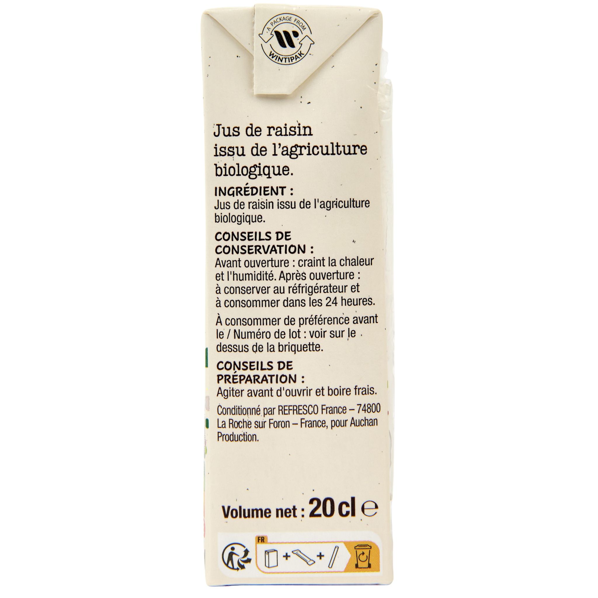 Voir la diapositive 4 : AUCHAN BIO Pur jus de raisin briquette 6x20cl