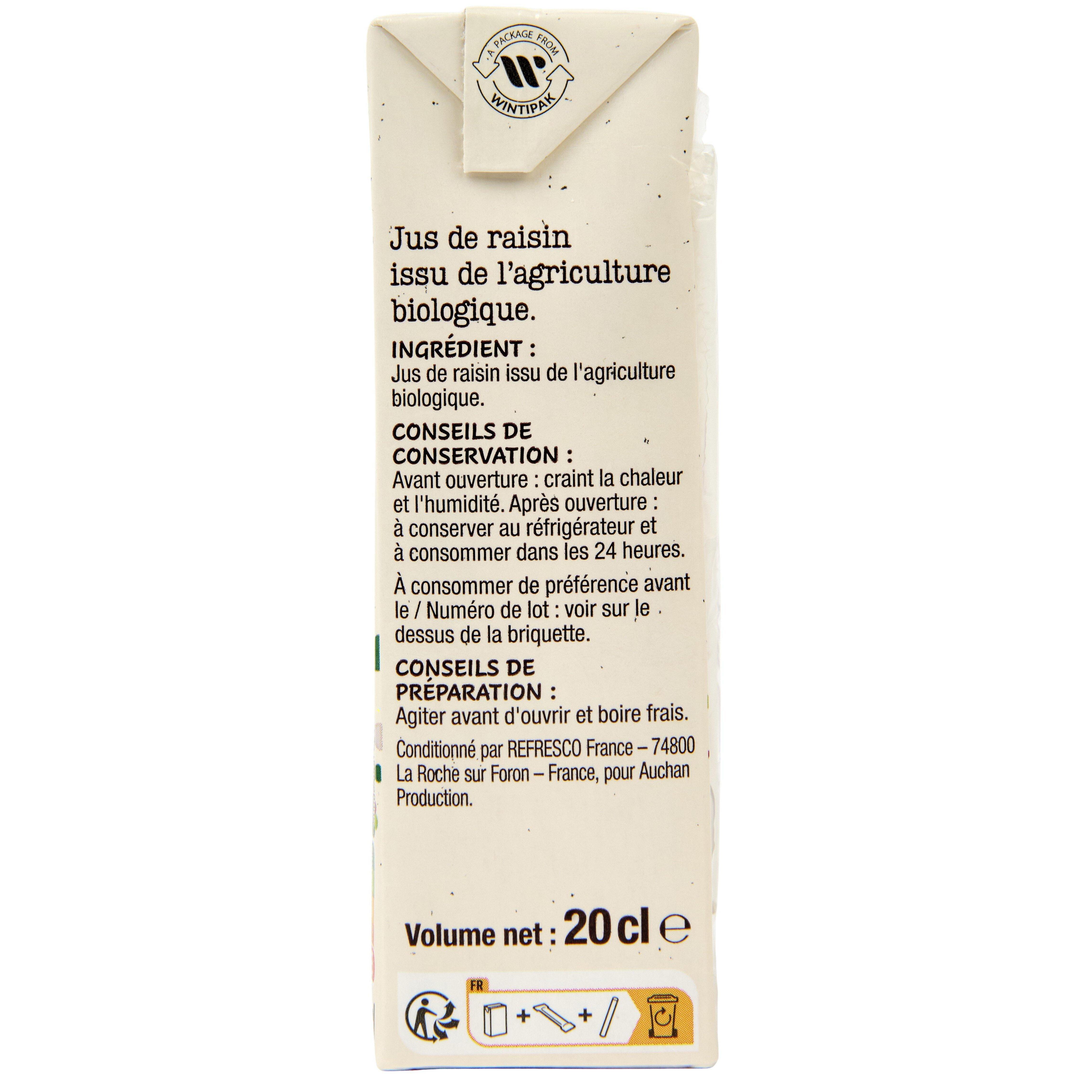 Voir la diapositive 4 : AUCHAN BIO Pur jus de raisin briquette 6x20cl