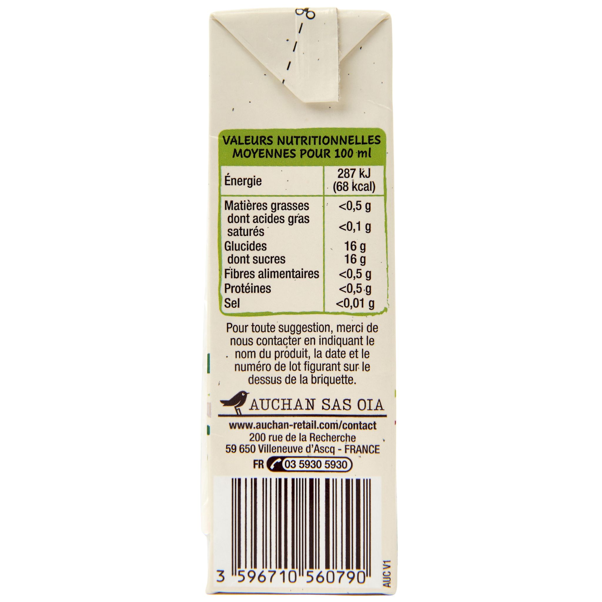 Voir la diapositive 3 : AUCHAN BIO Pur jus de raisin briquette 6x20cl