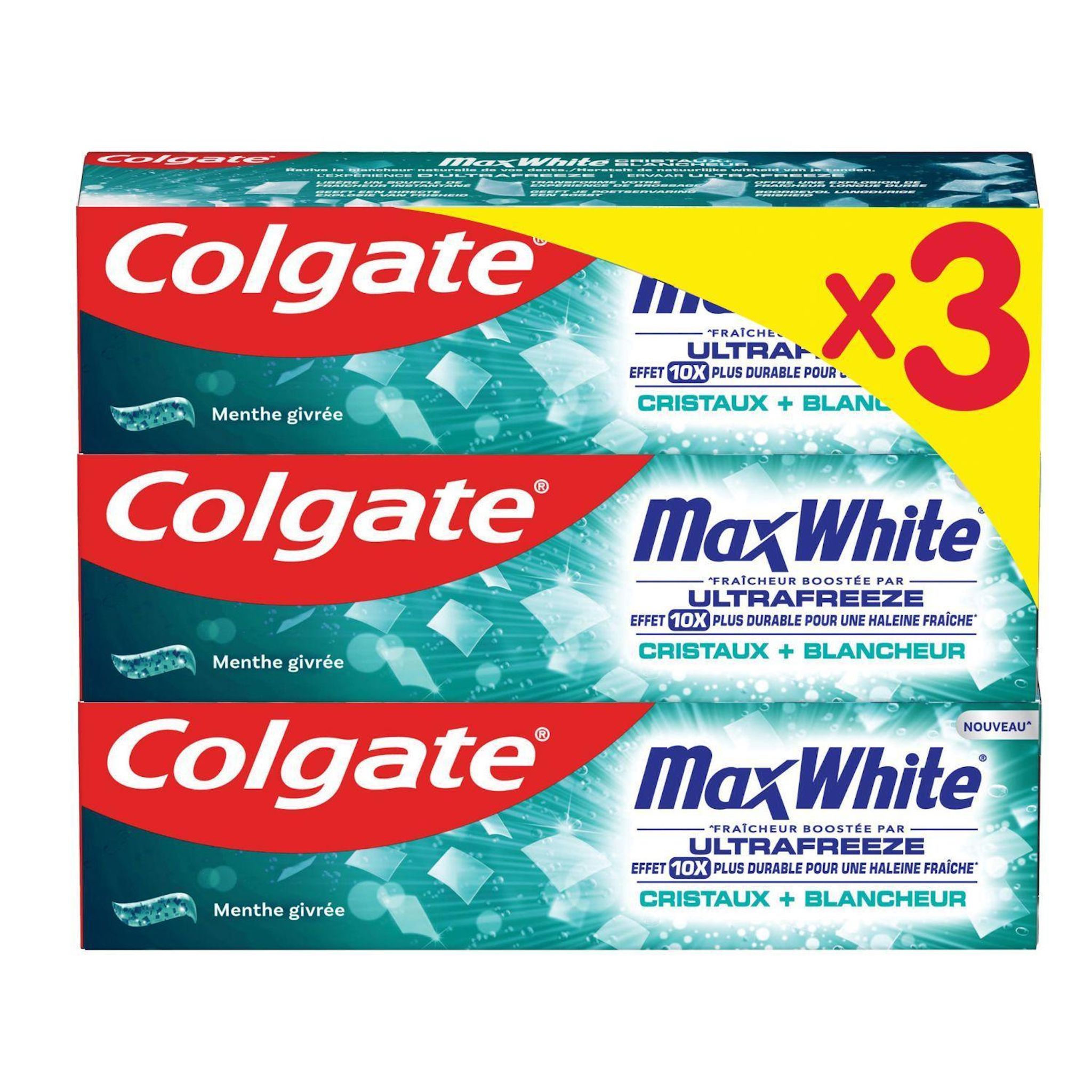 COLGATE Max White dentifrice ultrafreeze cristaux + blancheur 3x75ml