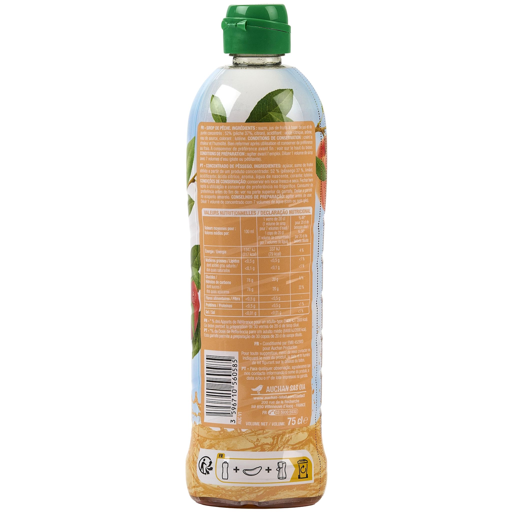 Voir la diapositive 2 : AUCHAN Sirop de pêche bidon plastique 75cl