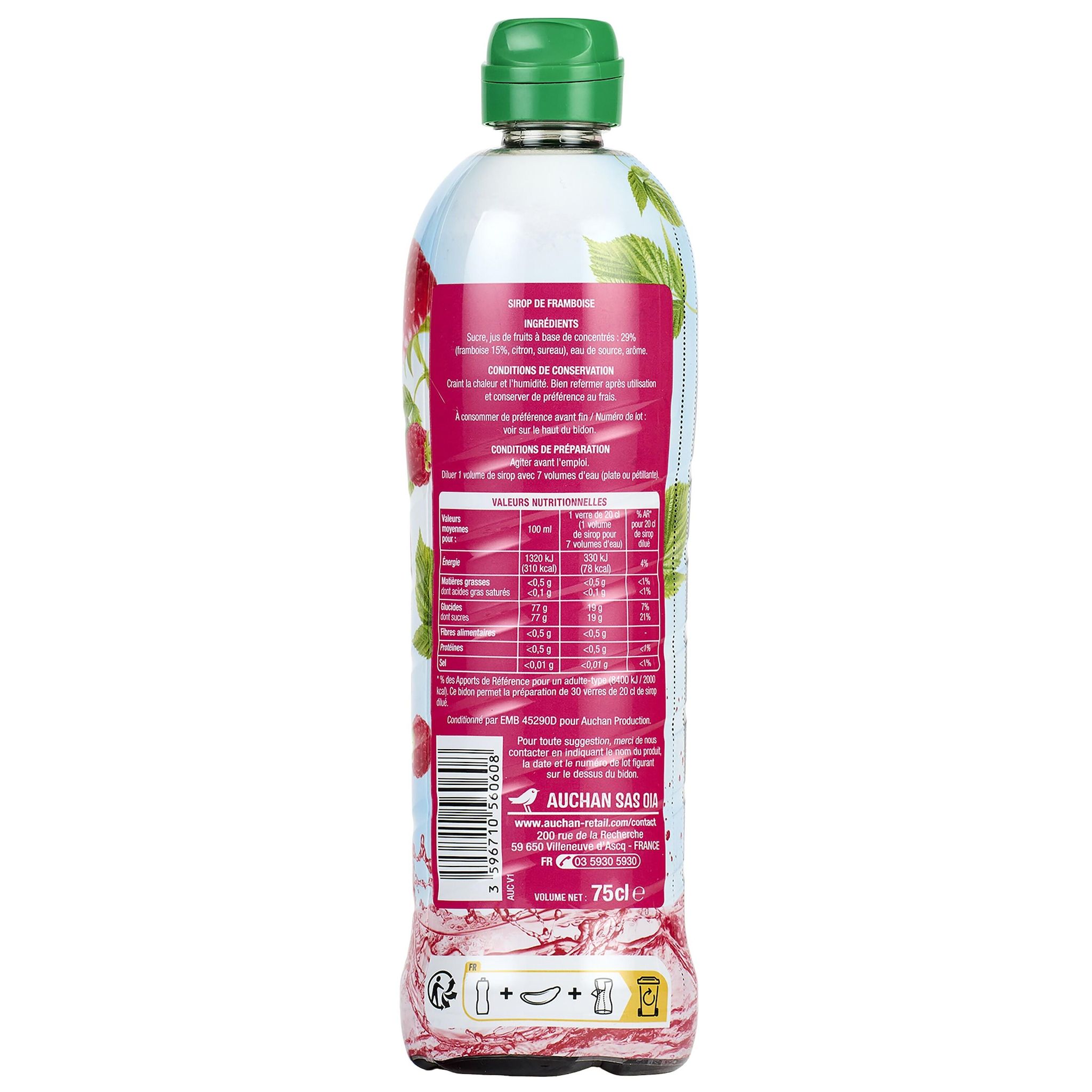 Voir la diapositive 2 : AUCHAN Sirop de framboise bidon plastique 75cl