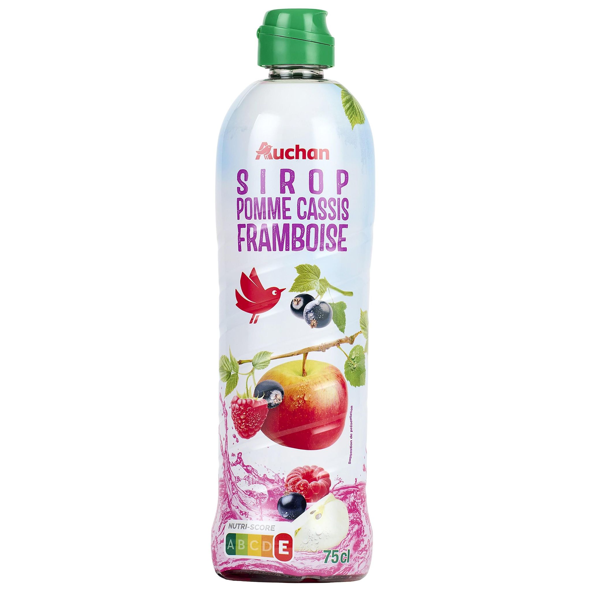 AUCHAN Sirop de pomme cassis framboise bidon plastique 75cl