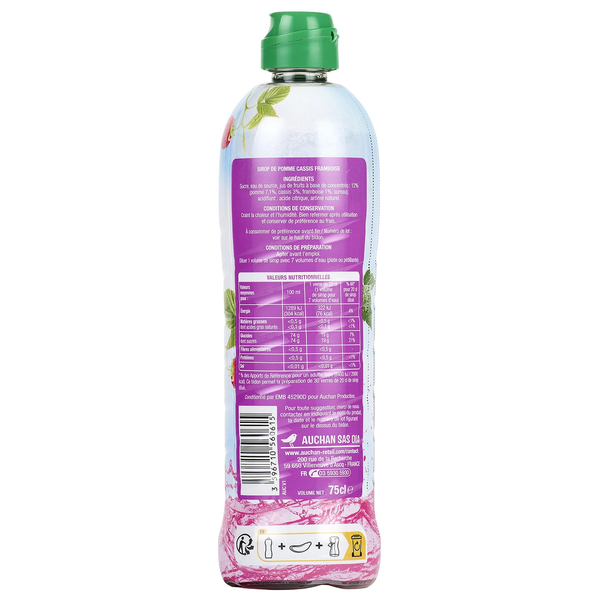 Voir la diapositive 2 : AUCHAN Sirop de pomme cassis framboise bidon plastique 75cl