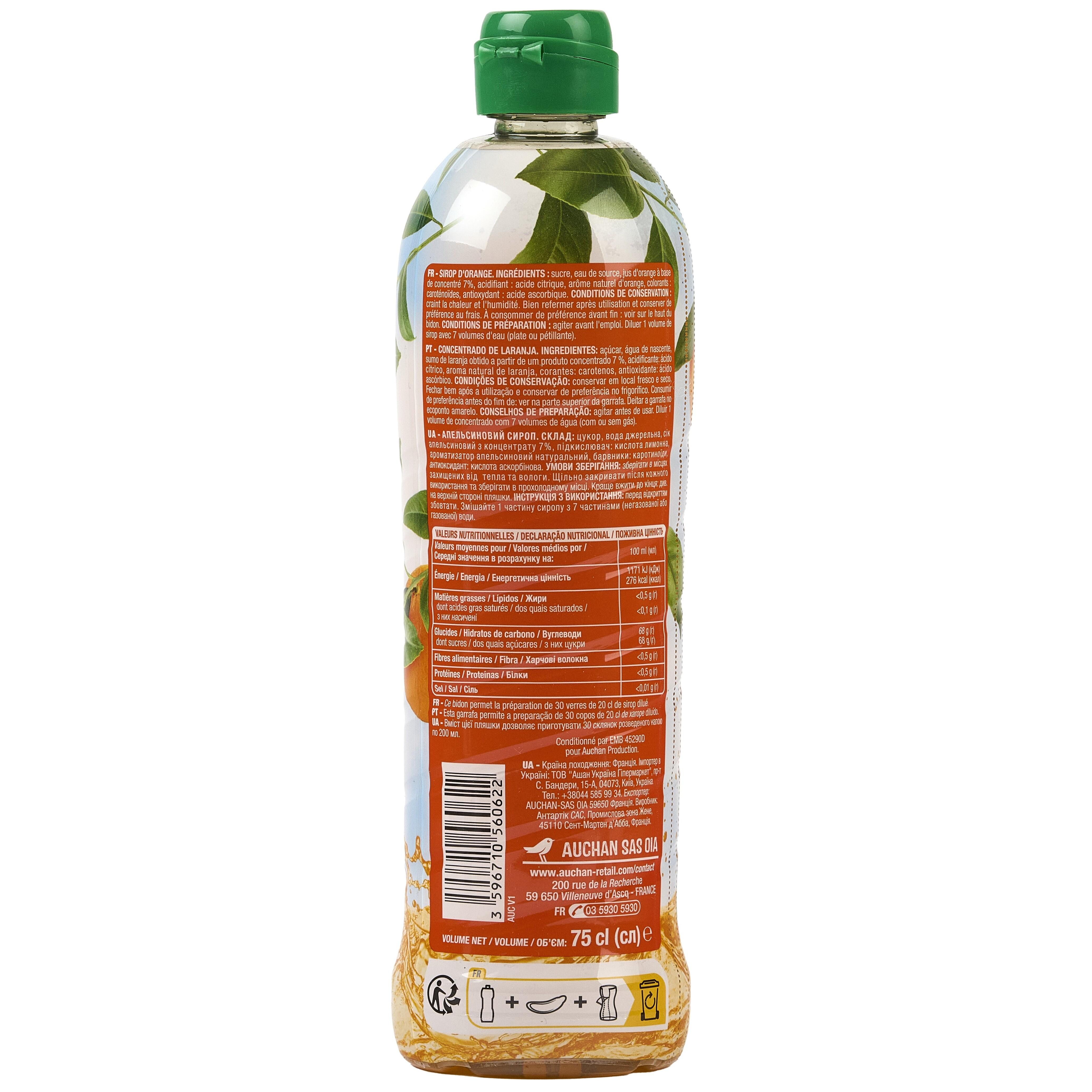 Voir la diapositive 2 : AUCHAN Sirop d'orange bidon plastique 75cl
