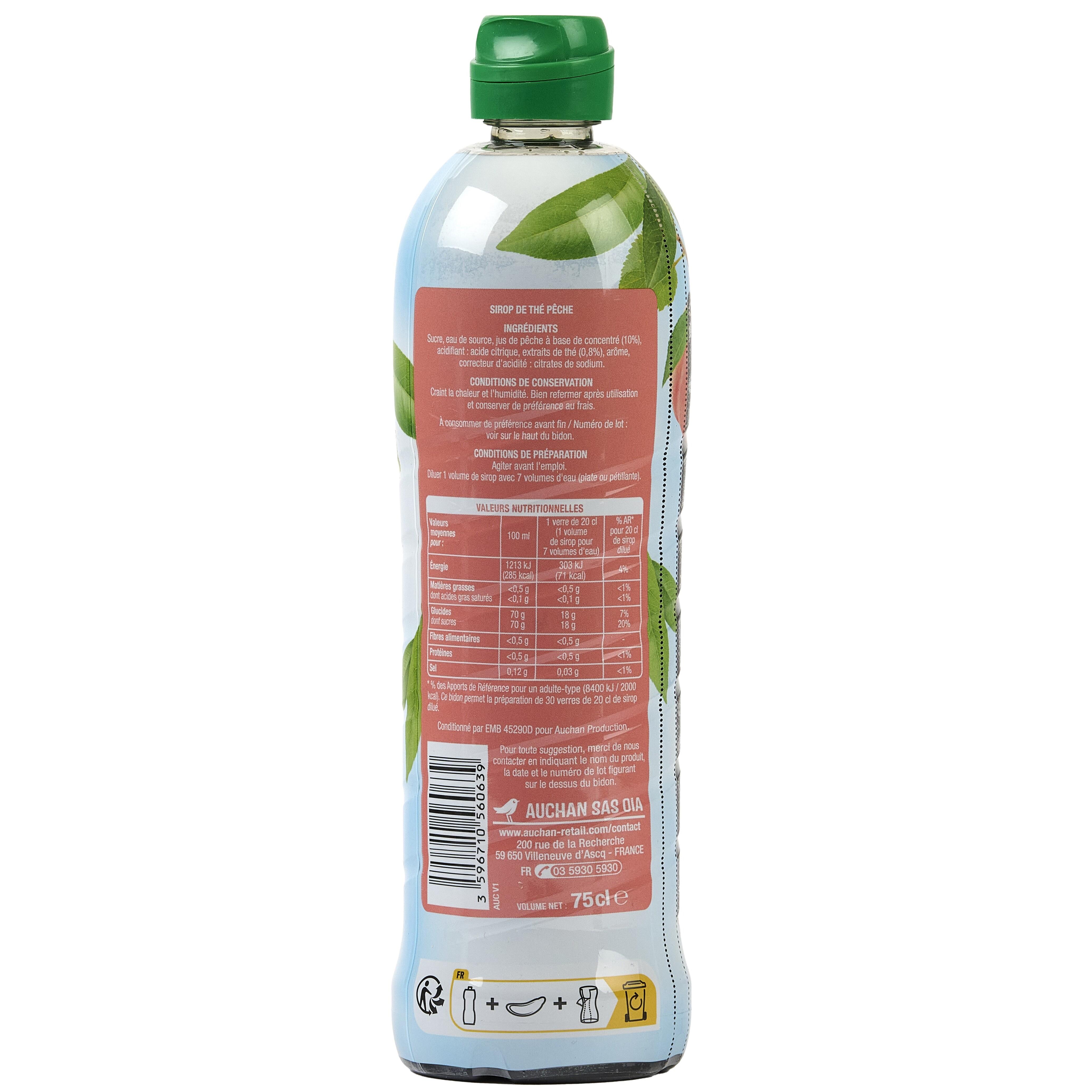 Voir la diapositive 2 : AUCHAN Sirop de thé à la pêche bidon plastique 75cl