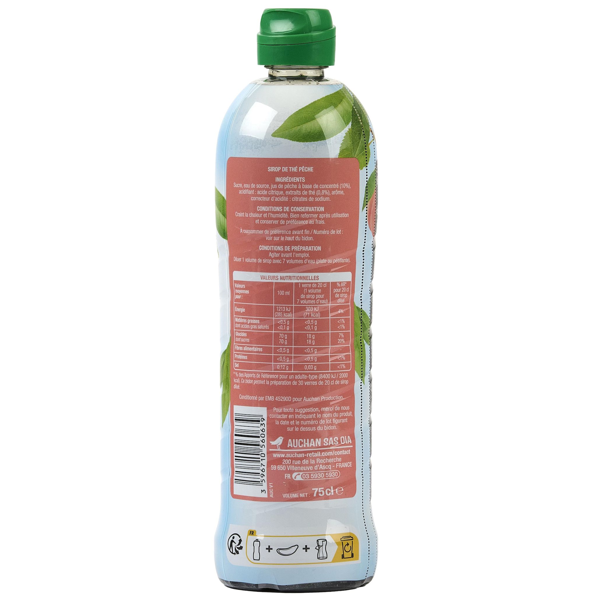 Voir la diapositive 2 : AUCHAN Sirop de pêche bidon plastique 75cl