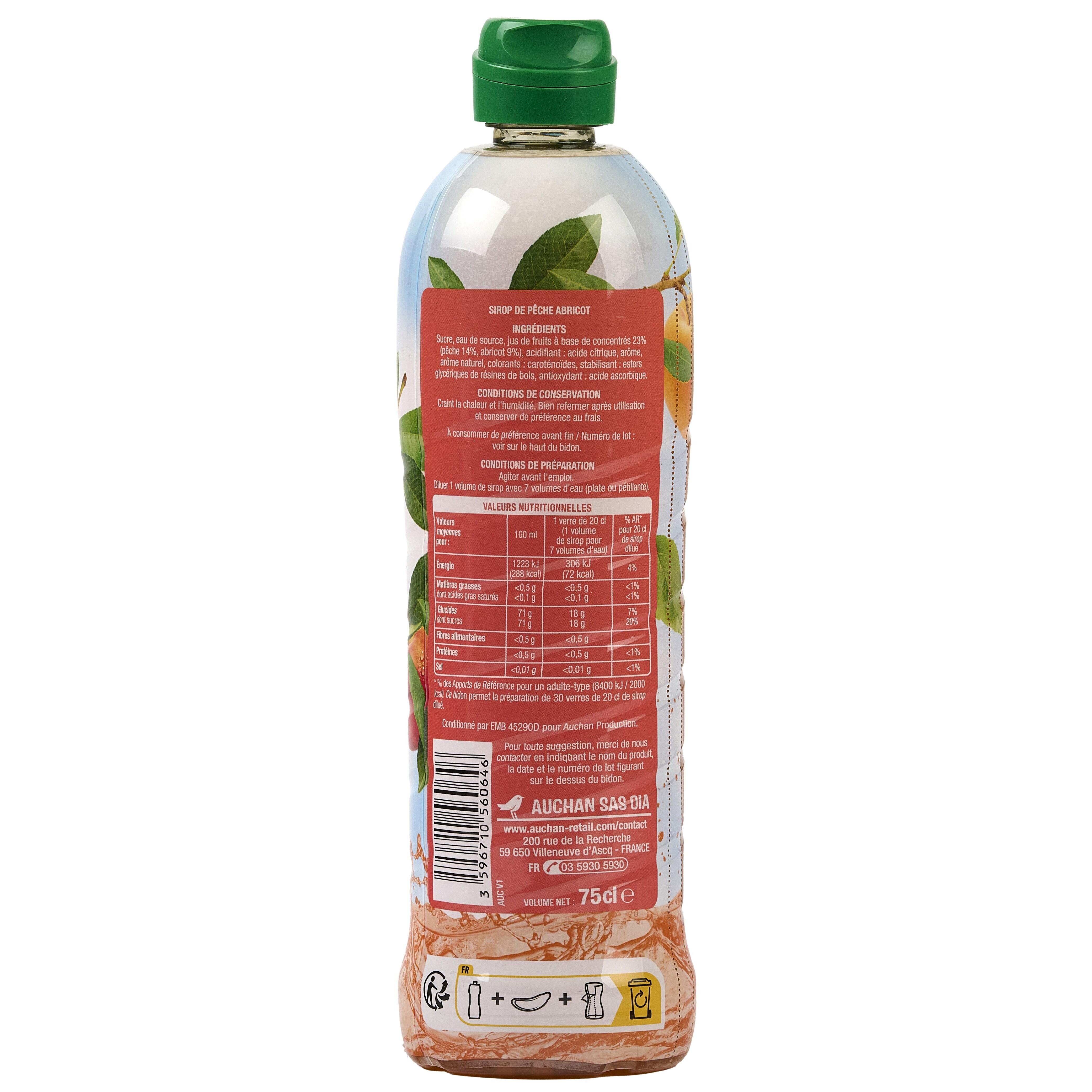 Voir la diapositive 2 : AUCHAN Sirop de pêche abricot bidon plastique 75cl