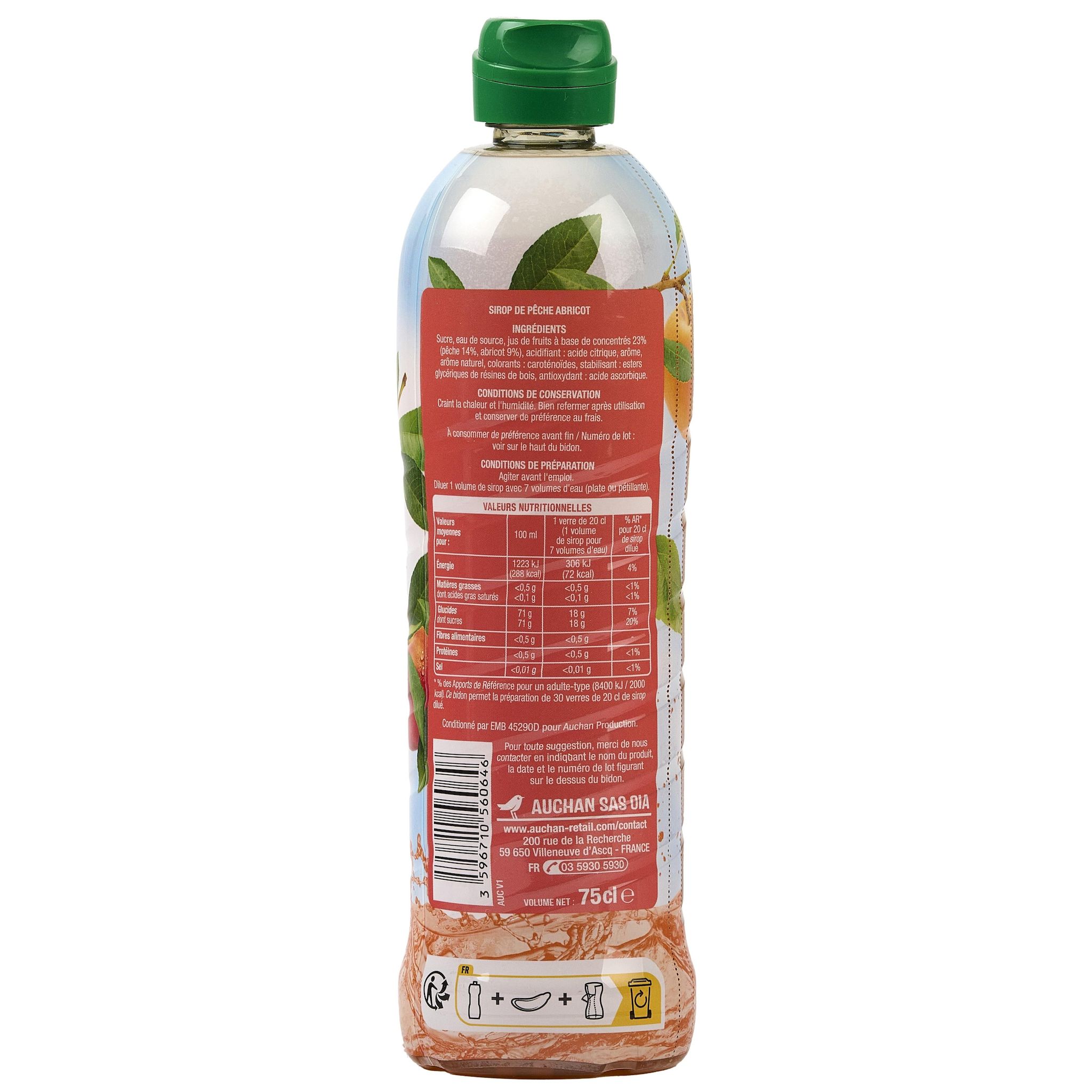 Voir la diapositive 2 : AUCHAN Sirop de pêche abricot bidon plastique 75cl