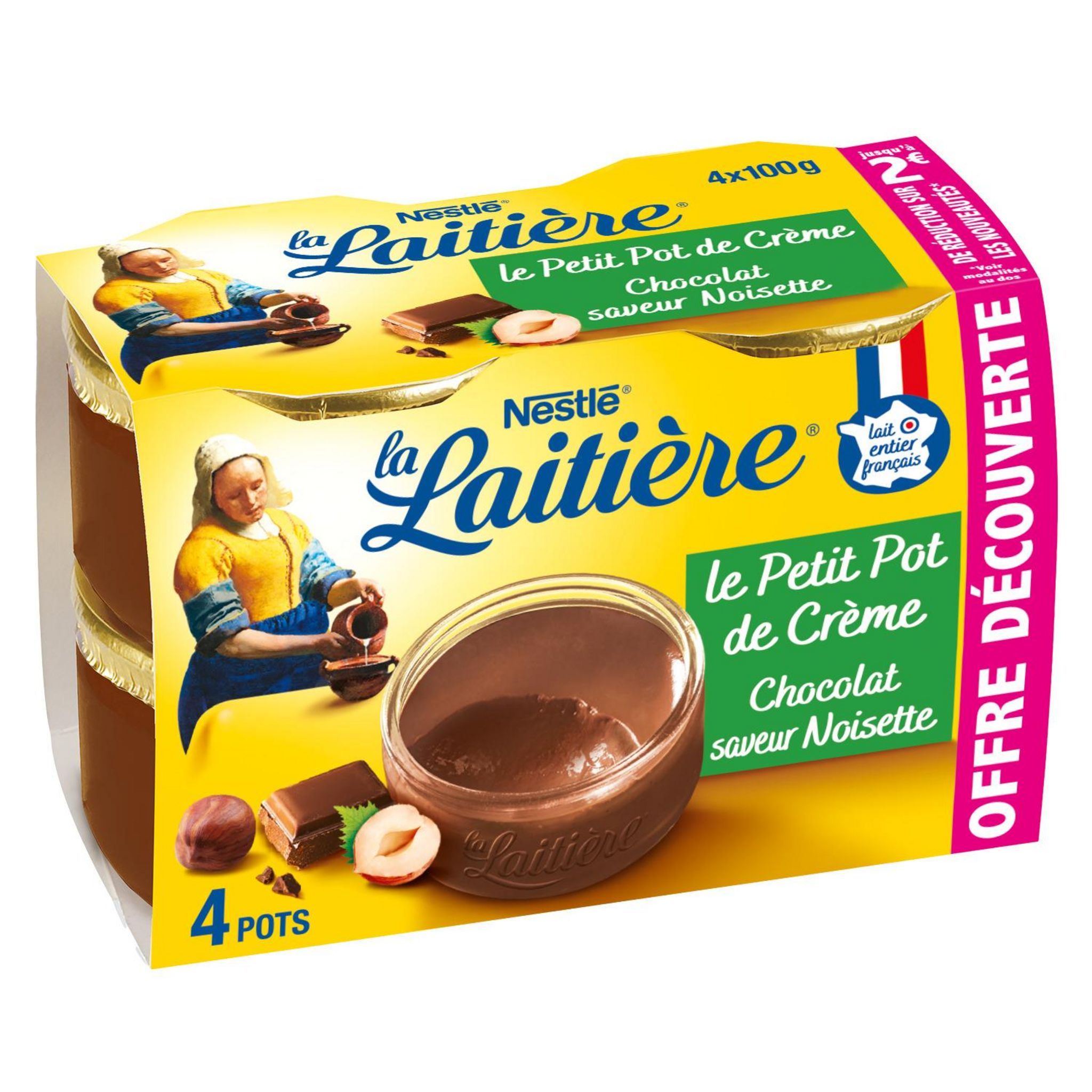 LA LAITIERE Petit pot de crème chocolat saveur noisette 4x100g