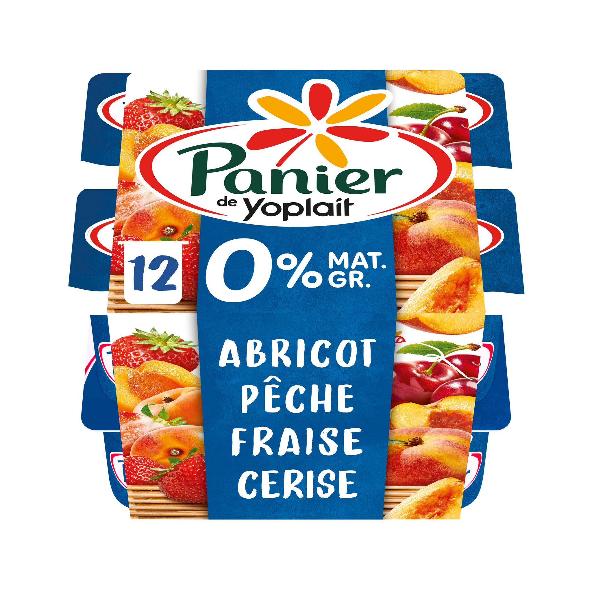 PANIER DE YOPLAIT Yaourt aux fruits abricot pêche fraise cerise 0% avec morceaux 12x125g