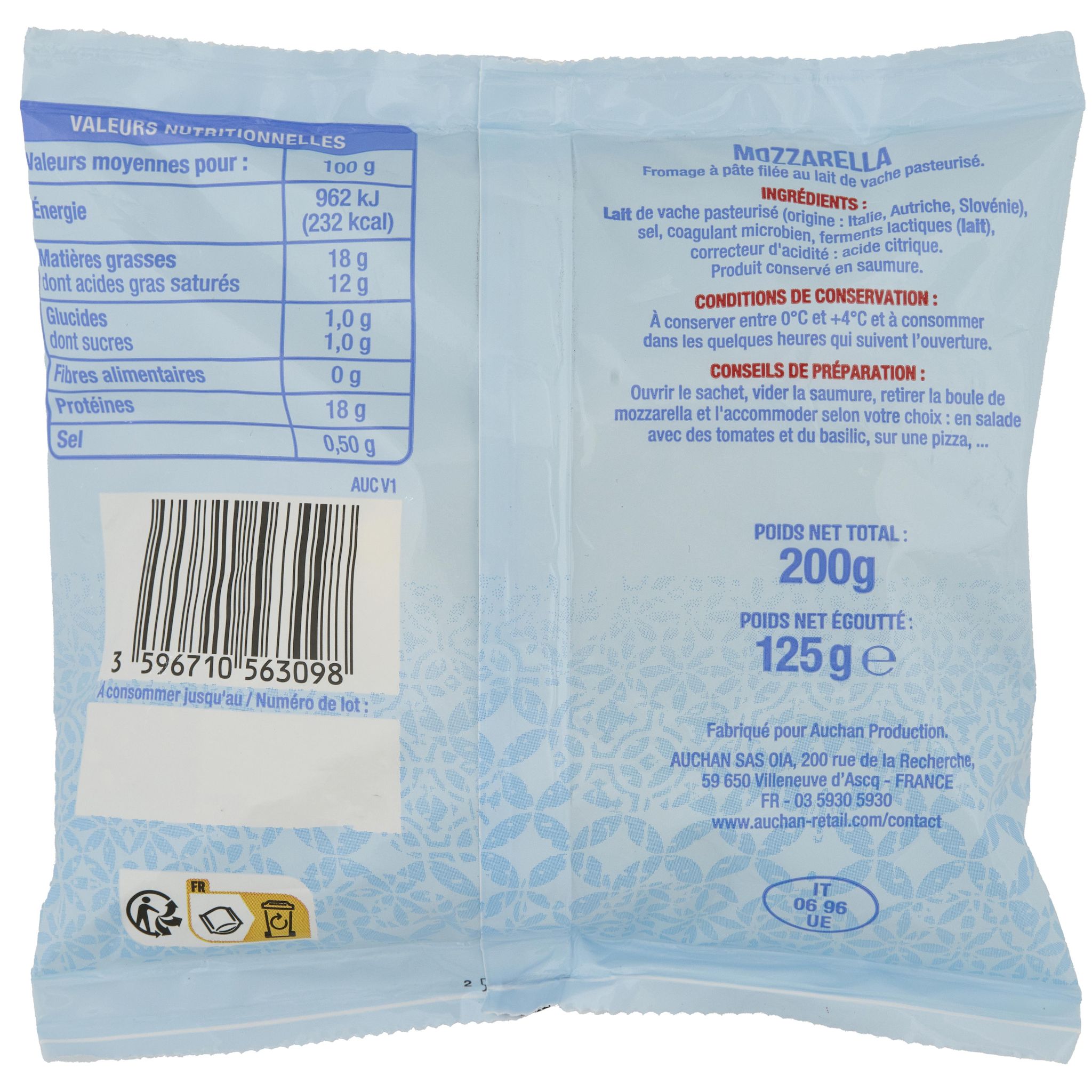 Voir la diapositive 2 : AUCHAN Mozzarella 125g