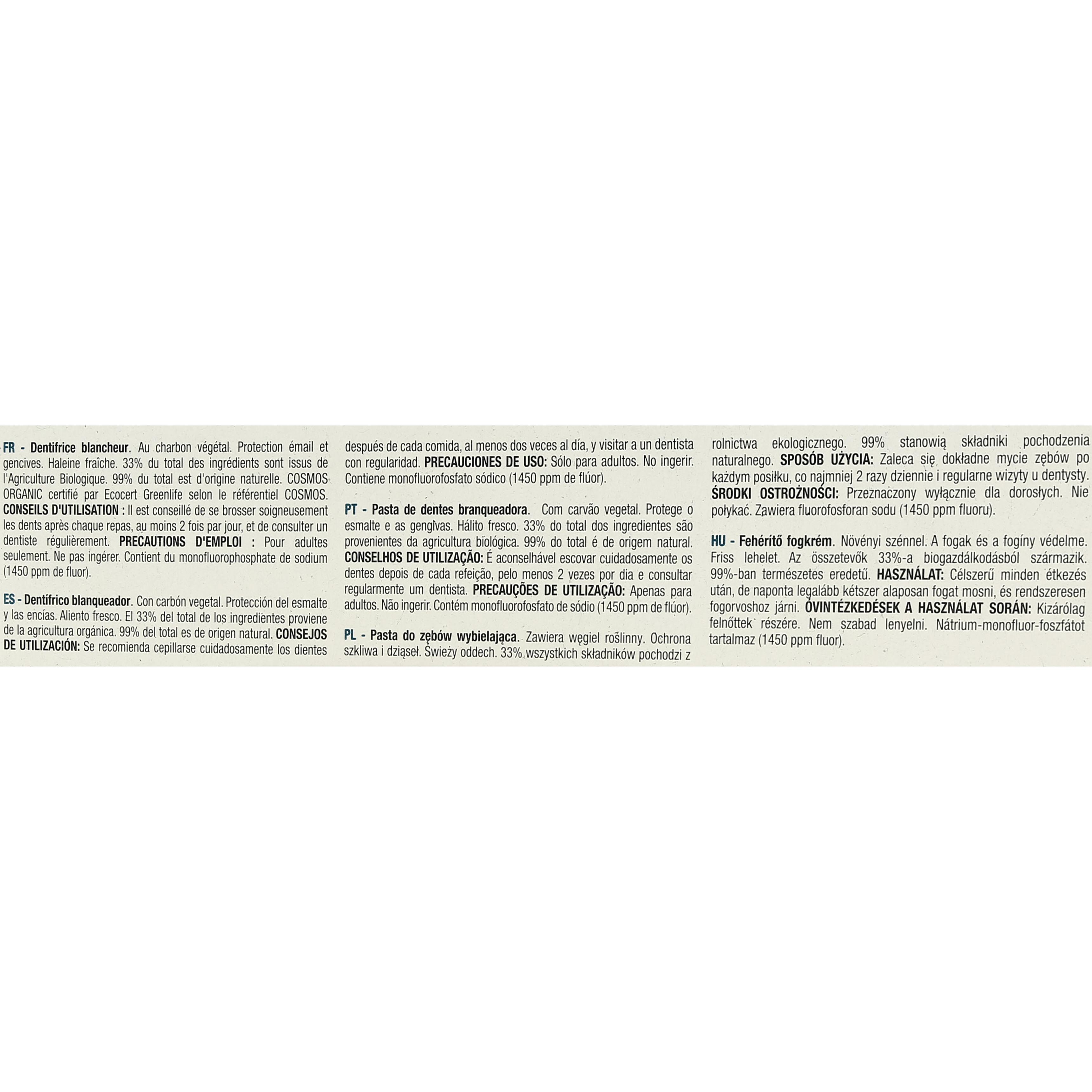 Voir la diapositive 2 : AUCHAN BIO Dentifrice blancheur au charbon végétal 75ml