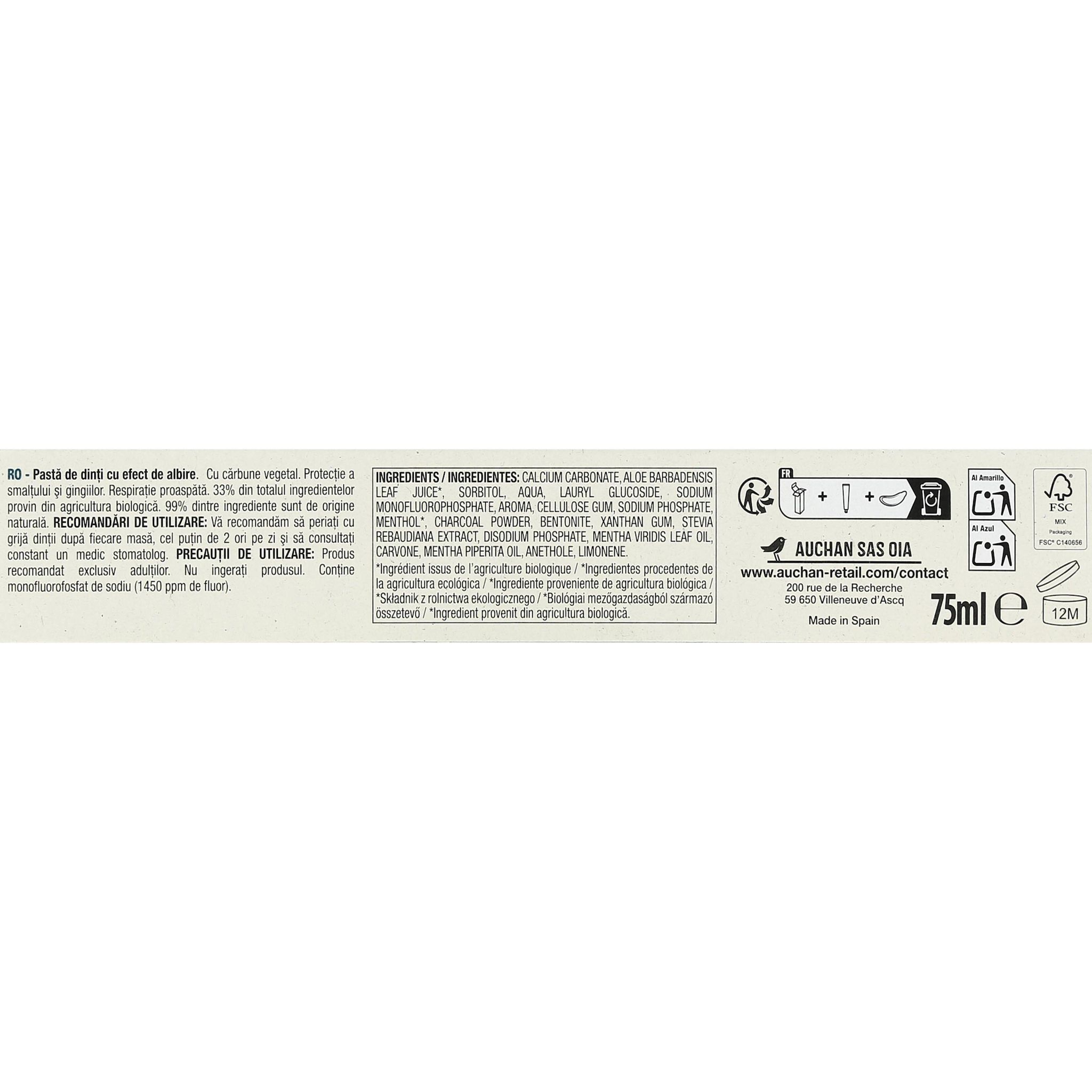 Voir la diapositive 2 : AUCHAN BIO Dentifrice blancheur au charbon végétal 75ml