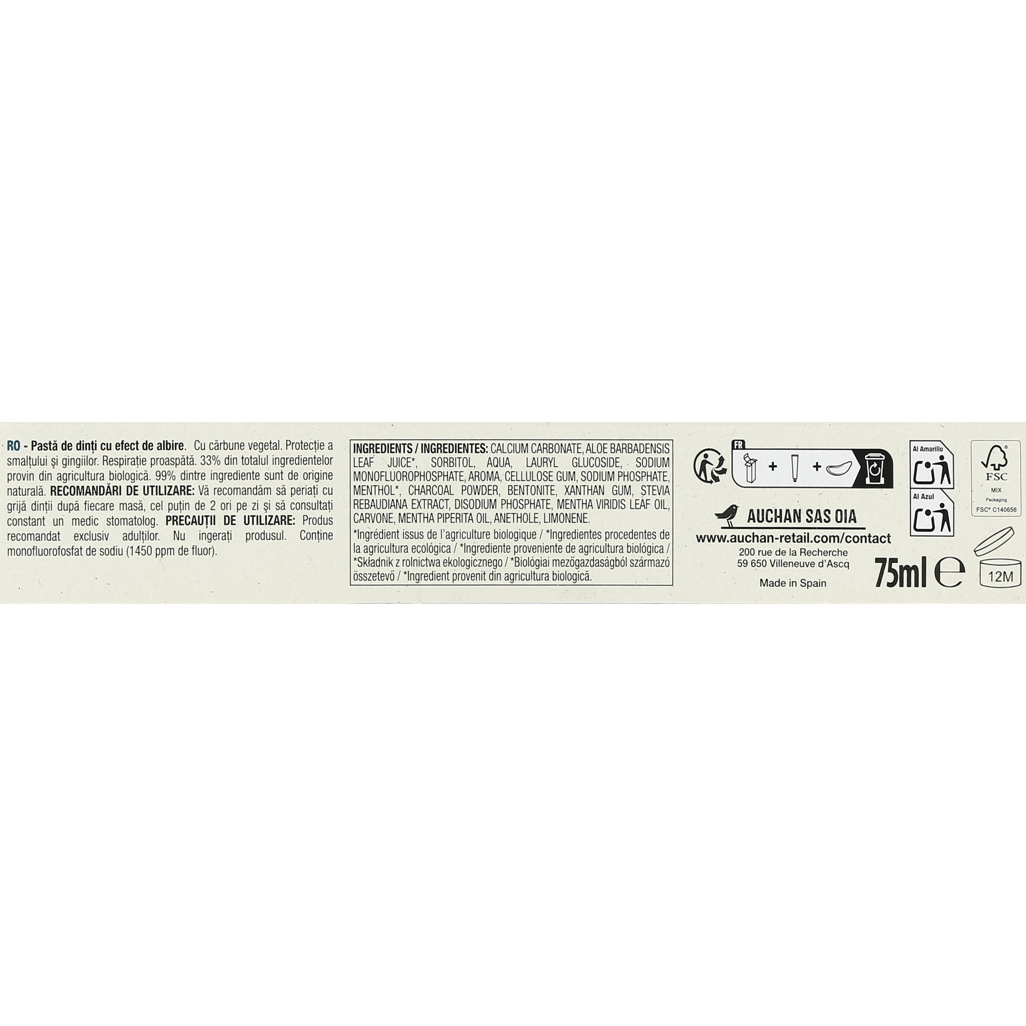Voir la diapositive 4 : AUCHAN BIO Dentifrice blancheur au charbon végétal 75ml