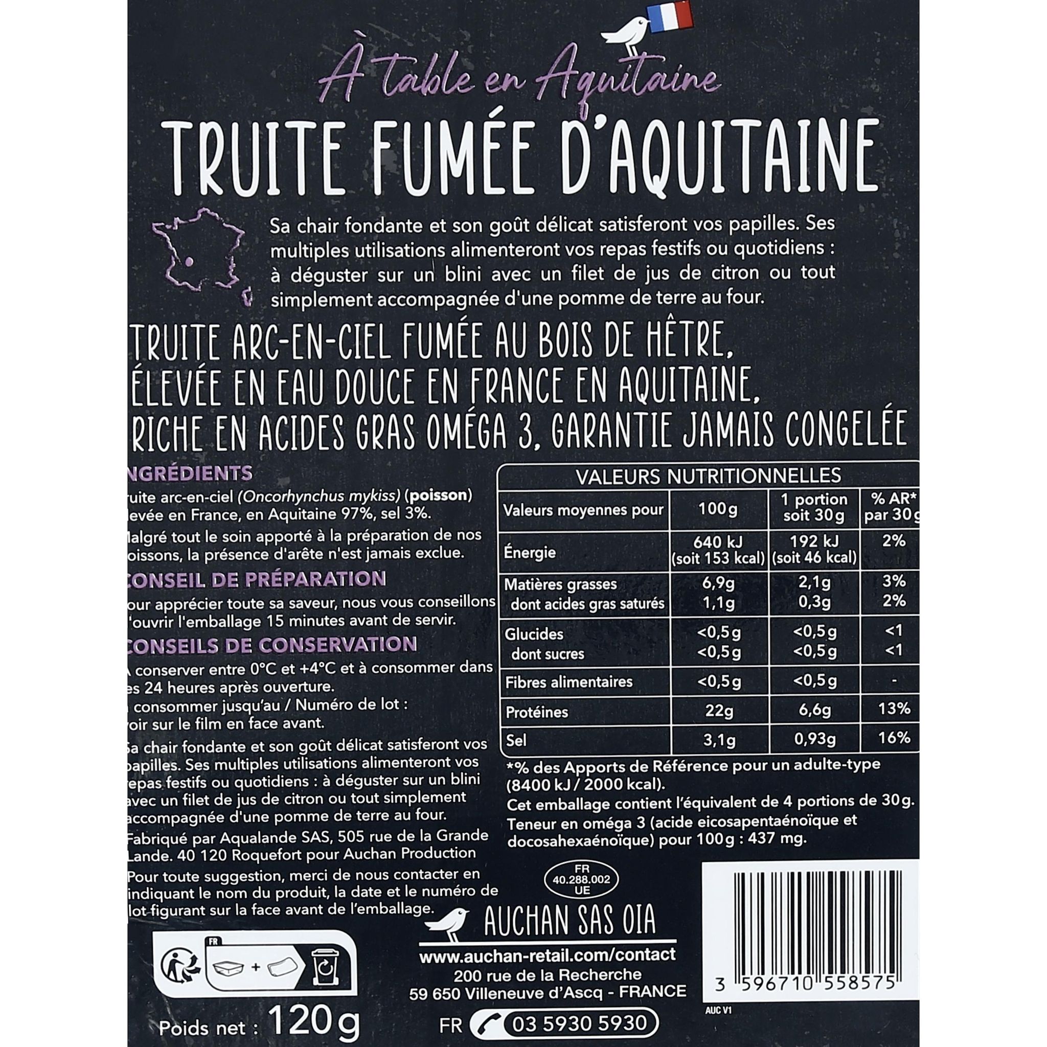 Voir la diapositive 2 : AUCHAN Truite fumée d'Aquitaine 4 tranches 120g