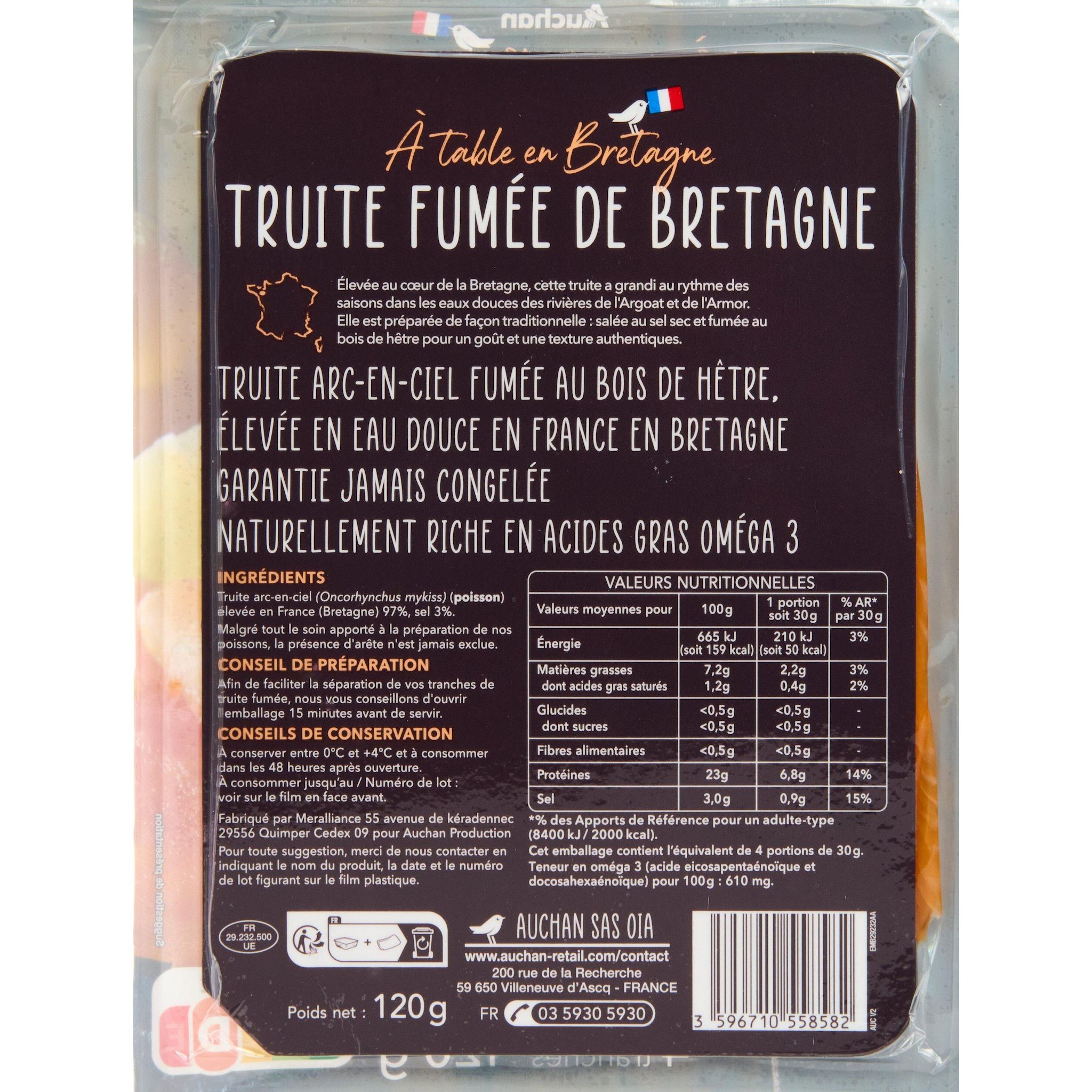 Voir la diapositive 2 : AUCHAN TERROIR Truite fumée de Bretagne 4 tranches 120g