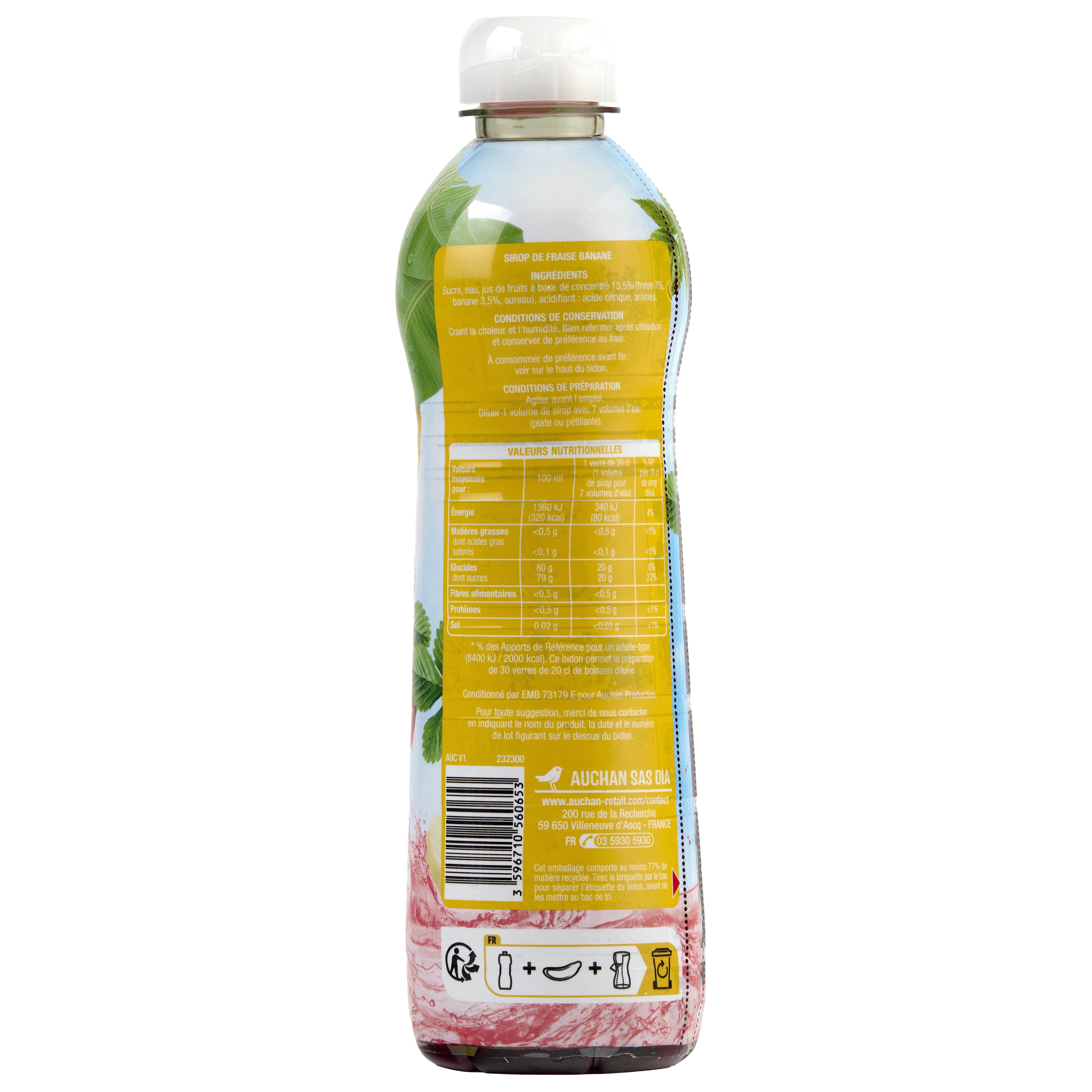 Voir la diapositive 2 : AUCHAN Sirop de fraise banane bidon plastique 75cl