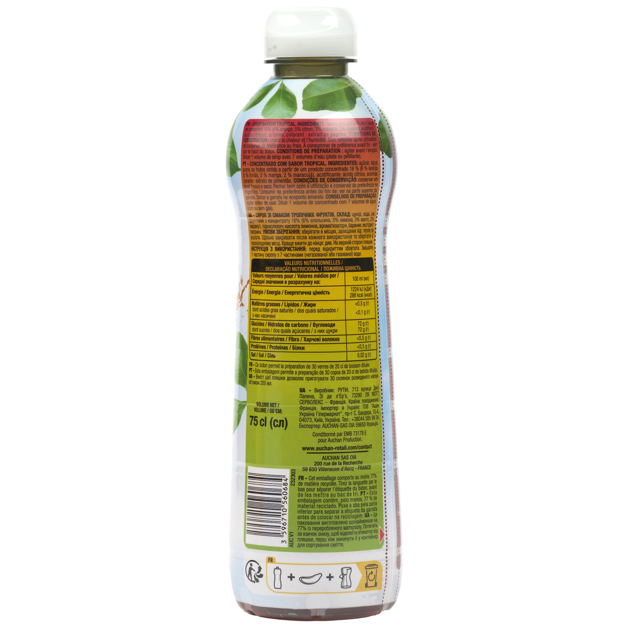 Voir la diapositive 2 : AUCHAN Sirop saveur tropical bidon plastique 75cl