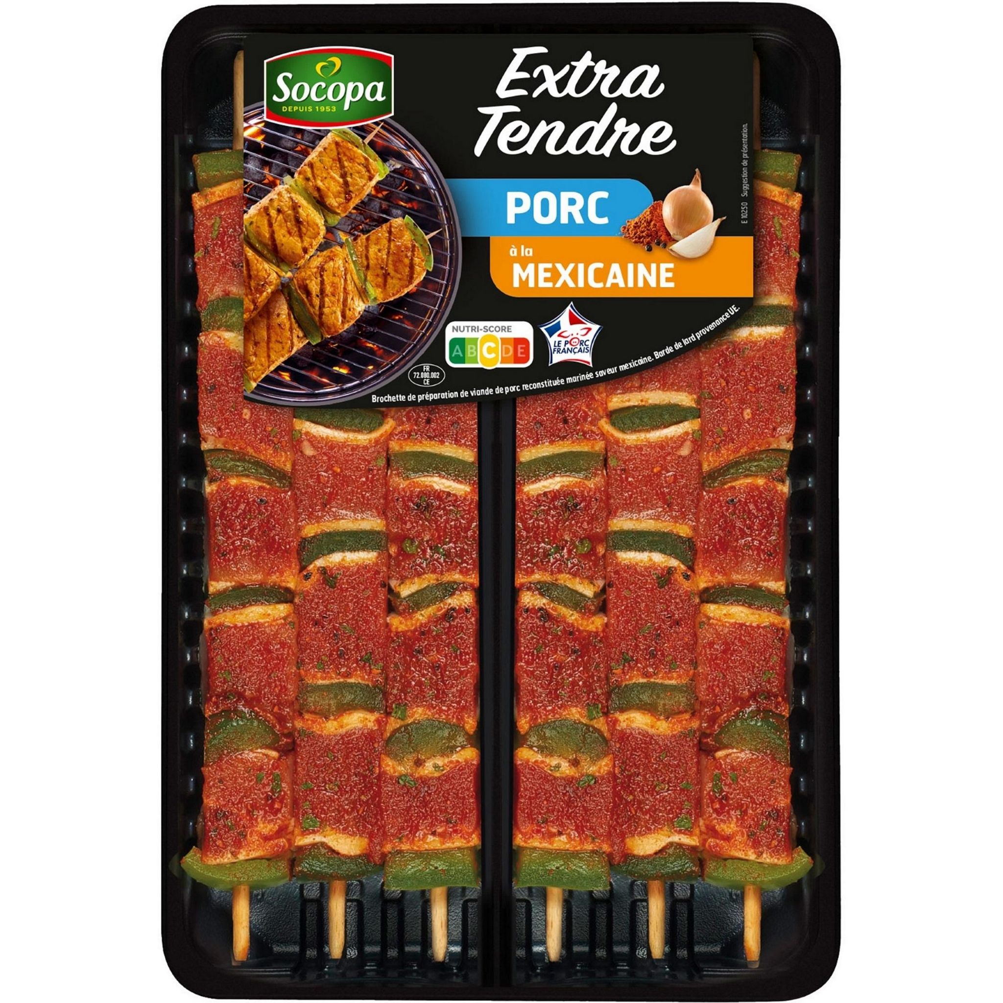SOCOPA Brochettes de préparation de viande de porc assaisonnées extra tendre mexicain 6 brochettes 510g