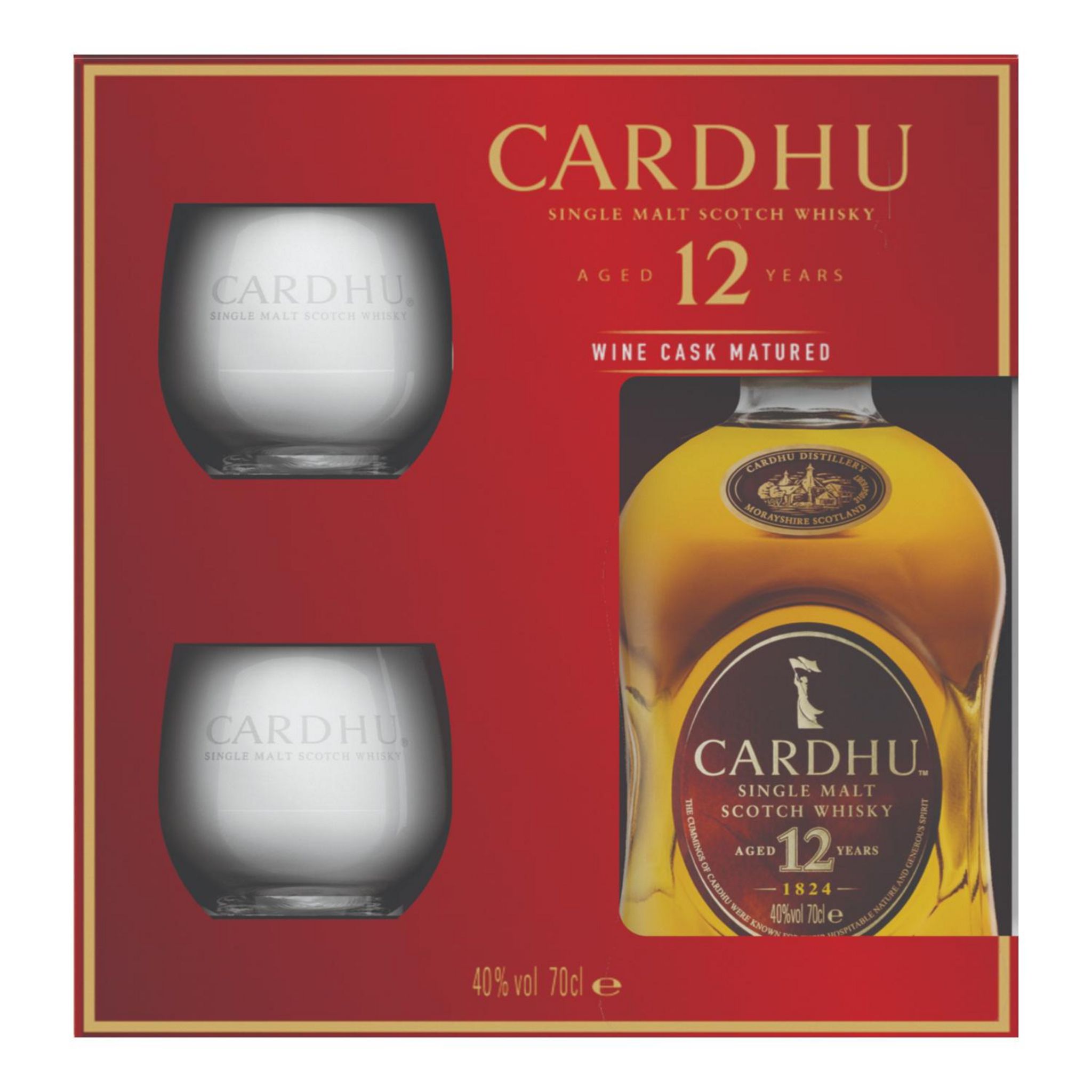 CARDHU Coffret Scotch whisky single malt 12 ans d'âge 40% avec 2 verres 1 bouteille + 2 verres 70cl