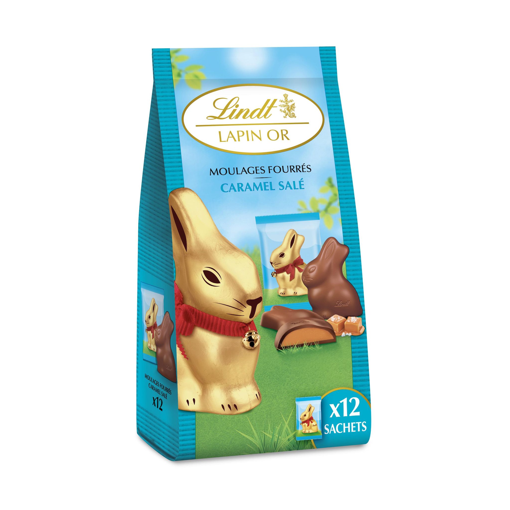 LINDT Mini lapins de chocolat au lait fourrés caramel salé en sachet 130g