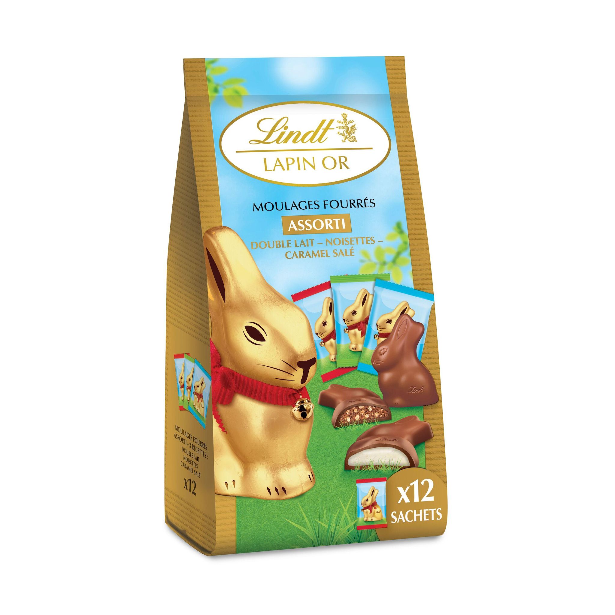 LINDT Assortiment de mini lapins fourrés au chocolat au lait et aux noisettes 130g