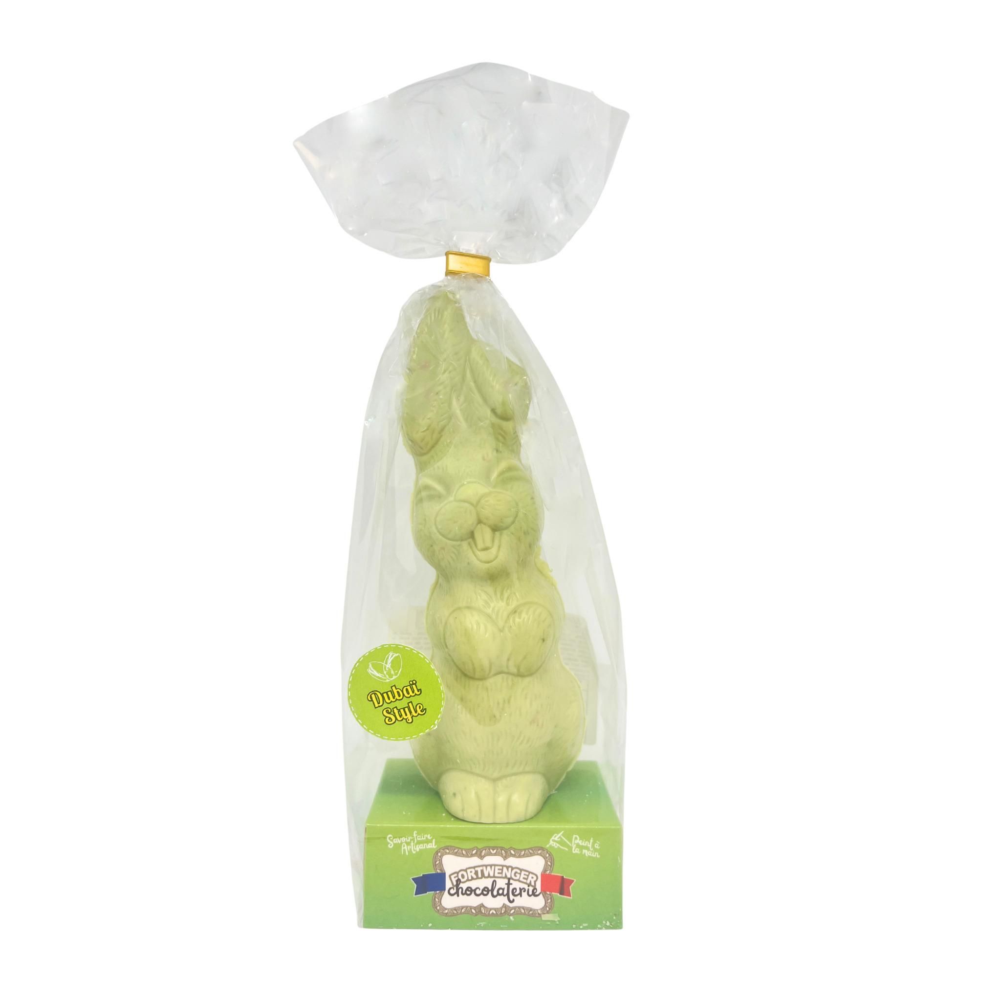 FORTWENGER Lapin souriant Dubaï en chocolat blanc à la pistache 250g