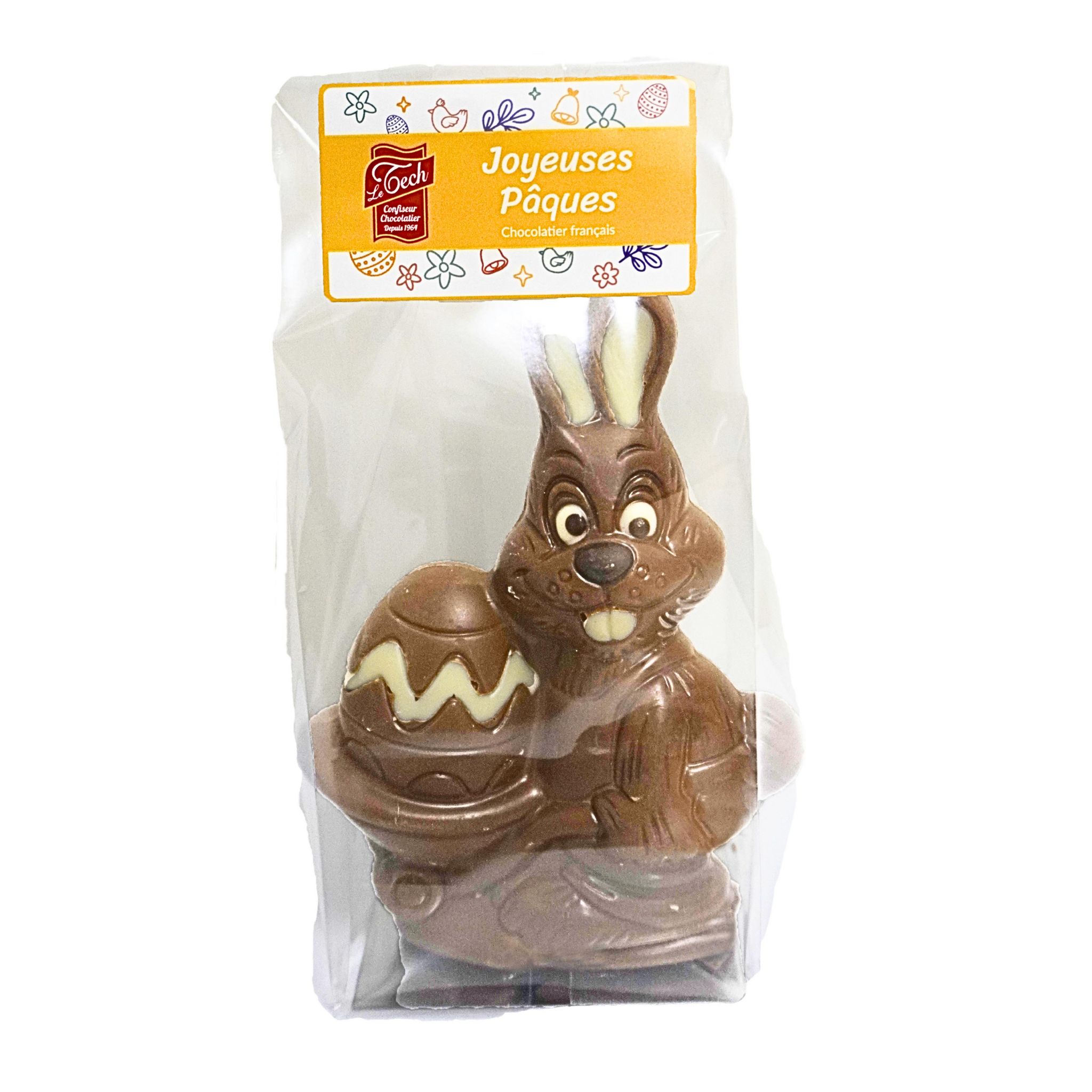 LE TECH Lapin en chocolat au lait décoré de chocolat blanc et noir 70g