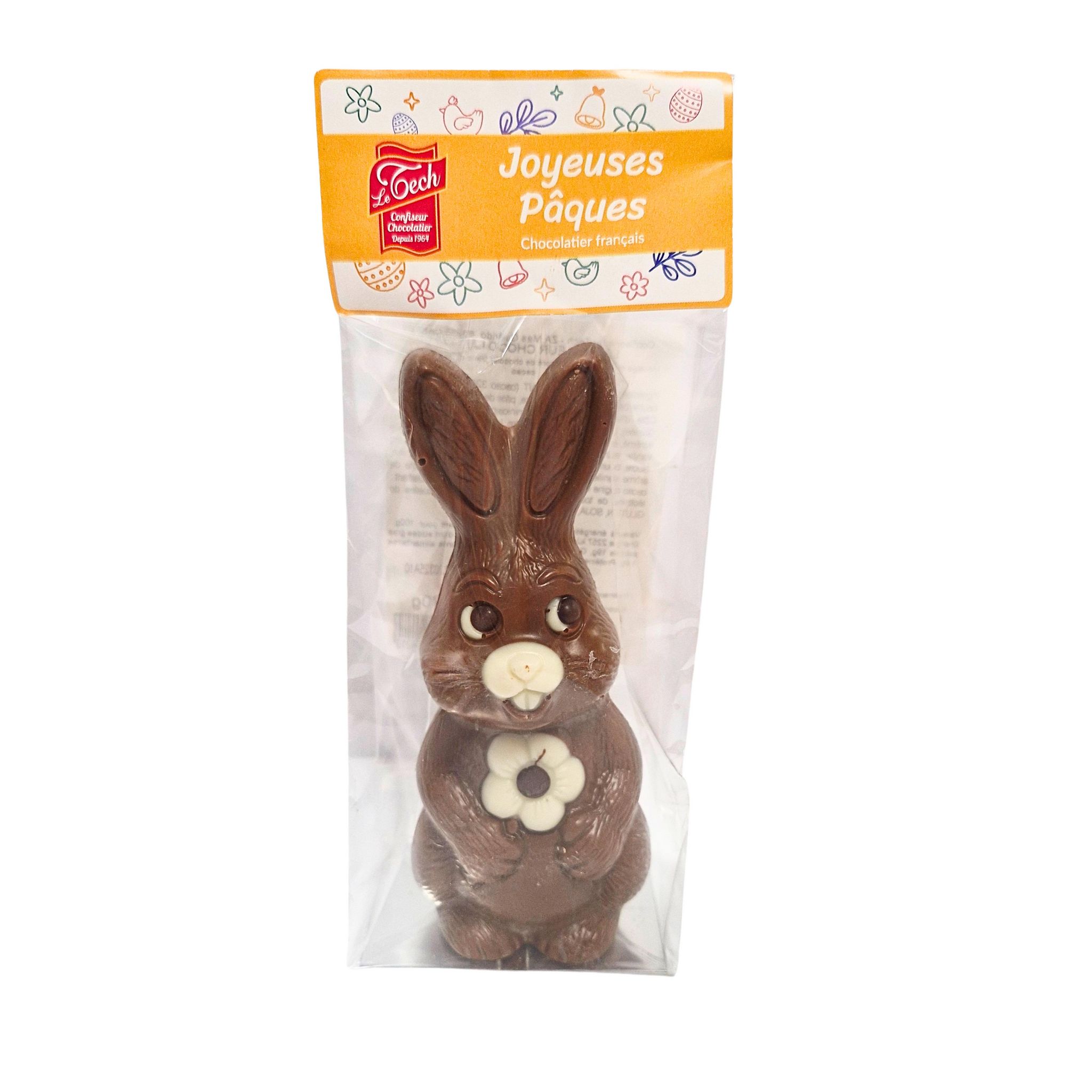 LE TECH Lapin fleur en chocolat au lait décoré de chocolat blanc et noir 32% cacao 80g