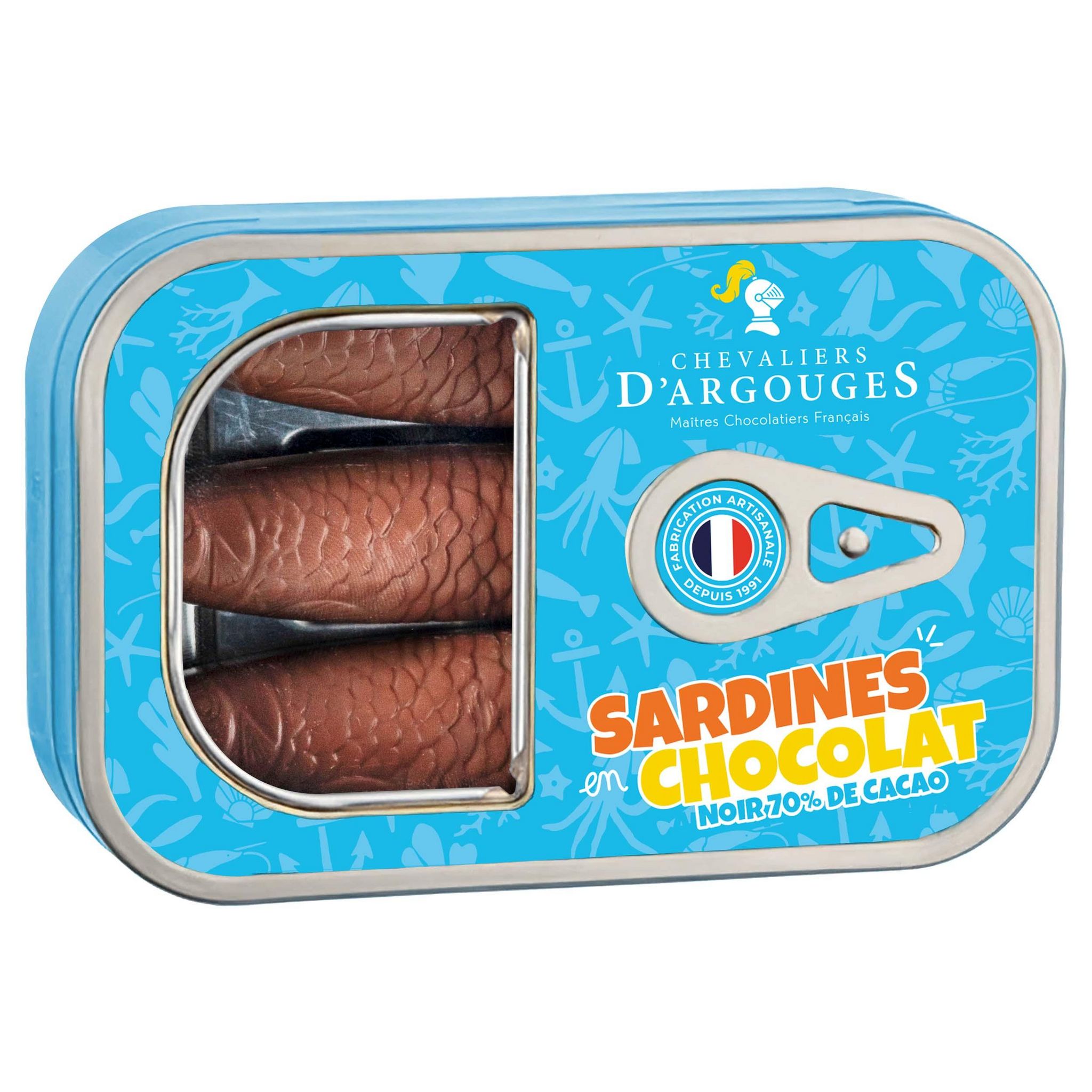CHEVALIERS D'ARGOUGES Boite en fer garnie de sardines en chocolat au lait 80g